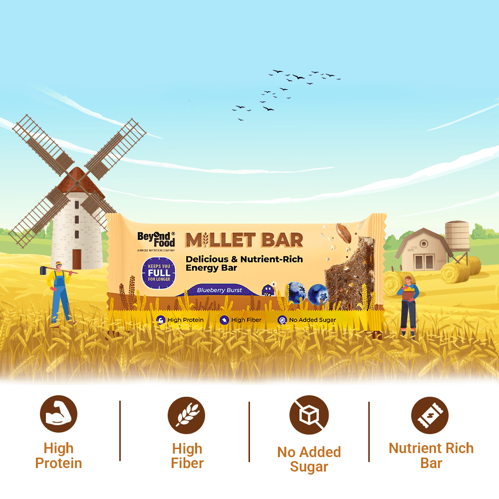“Beyond Food Millet Bar Blueberry Burst flavor with a farm illustration in the background, highlighting features — High Protein, High Fiber, No Added Sugar, and Nutrient-Rich Bar.”