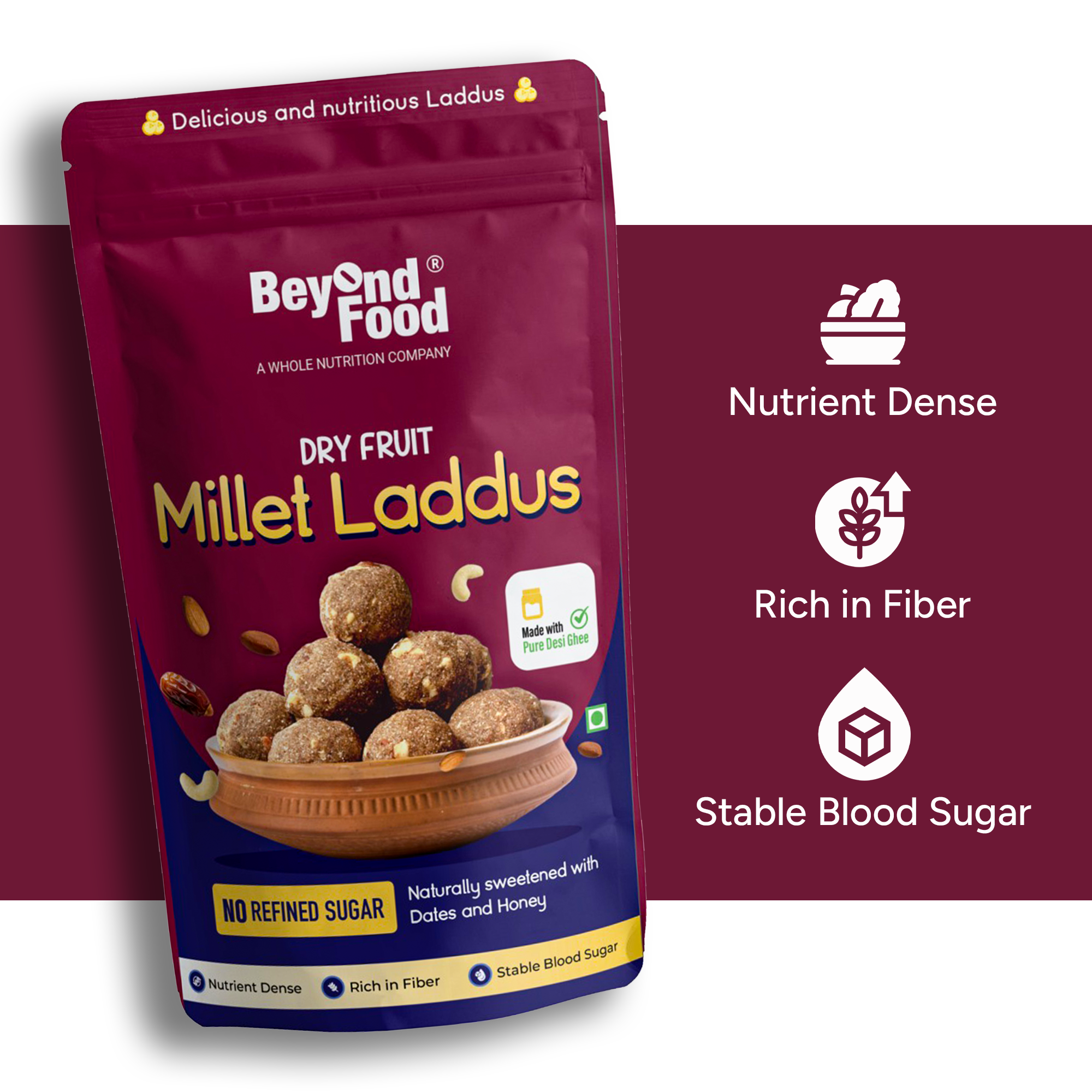 Beyond Food Dry Fruit Millet Laddus pack with benefits like nutrient dense, rich in fiber, and stable blood sugar, displayed on a maroon background
