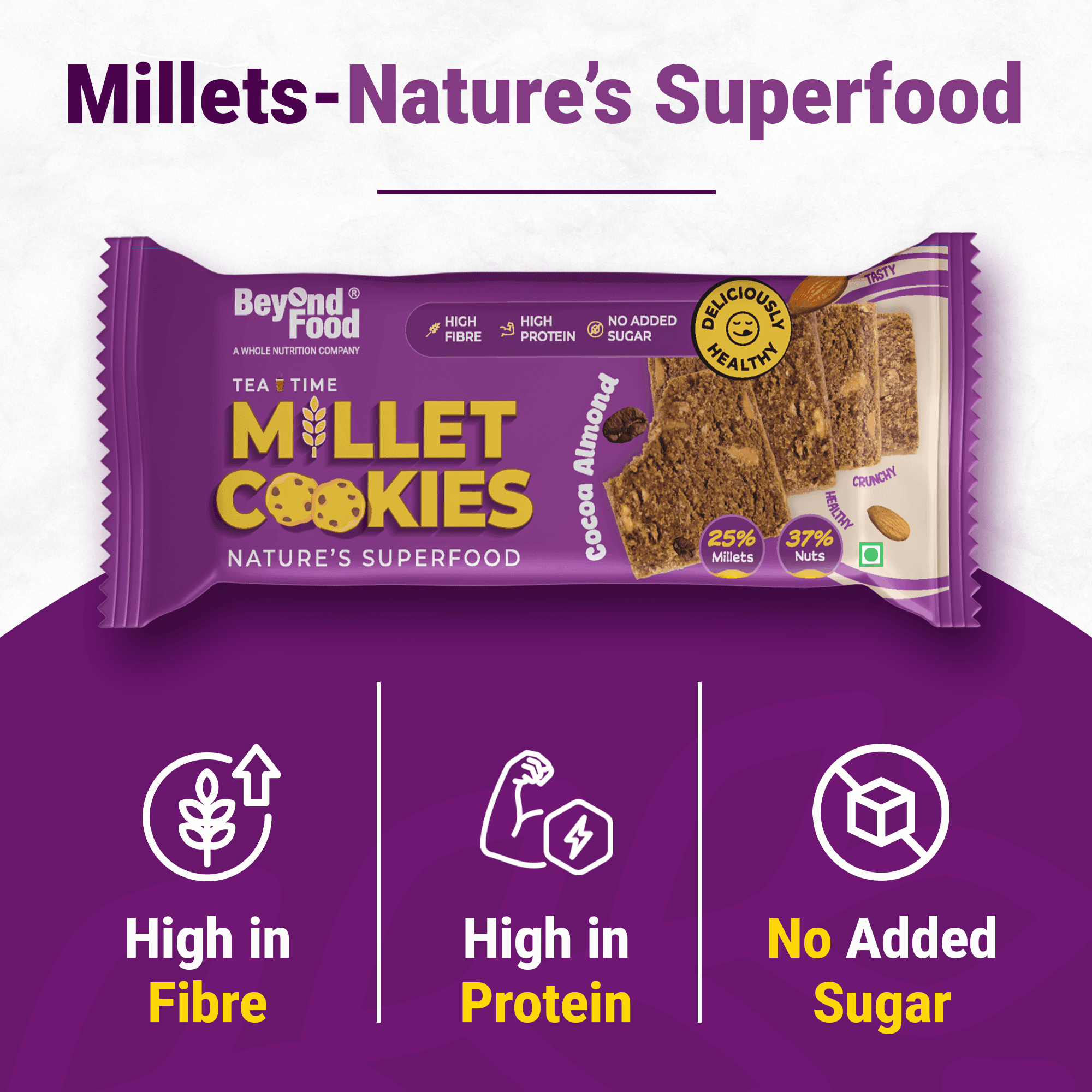 Beyond Food Millet Cookies packaging with cocoa almond flavor, highlighting benefits: high in fibre, high in protein, and no added sugar.