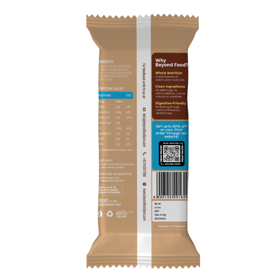 “Back view of Beyond Food Oatmeal Cookies Coconut Crunch pack with nutrition facts and ingredients.”