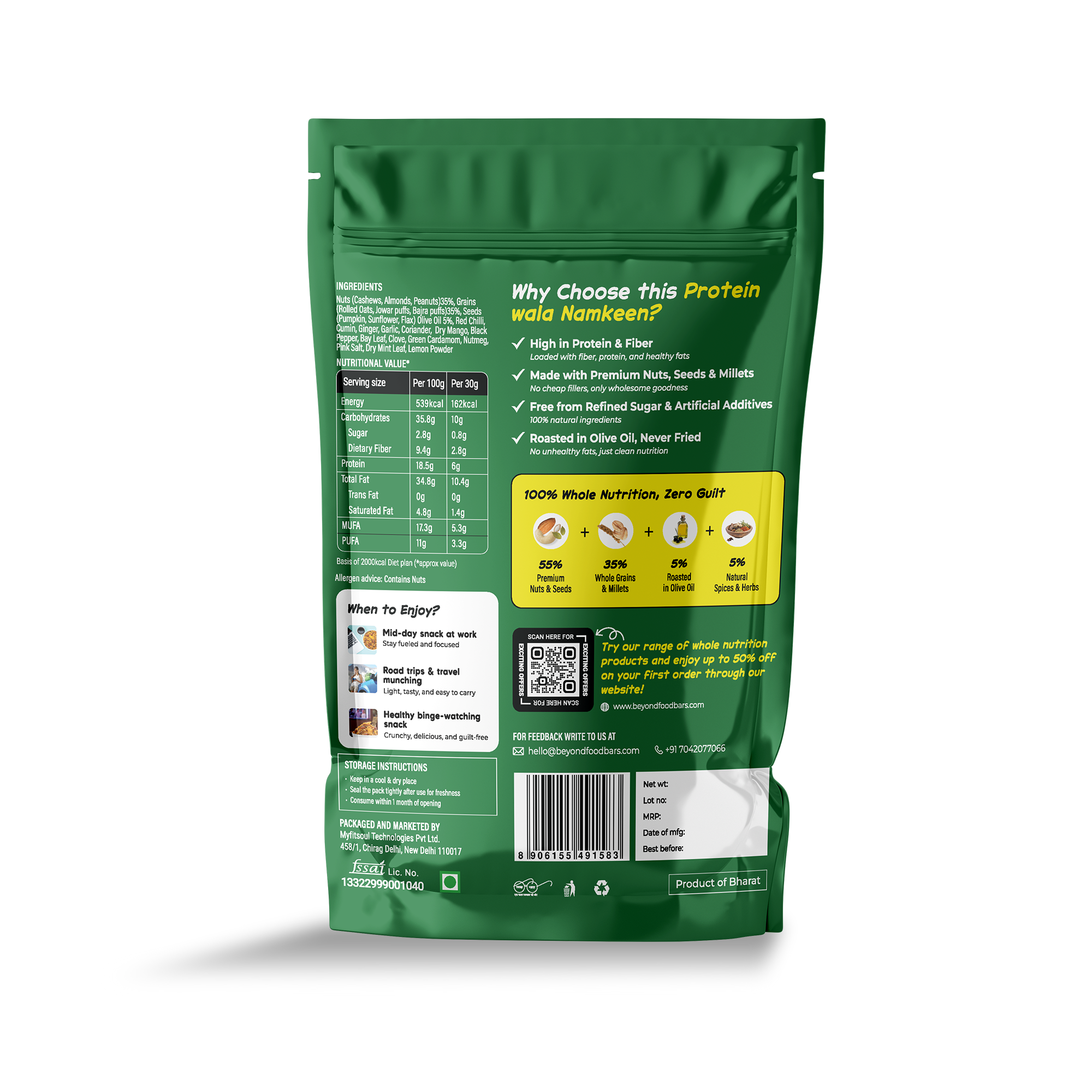 Back side of Protein Wala Namkeen packet showing nutritional details, certifications, QR code, and usage suggestions.