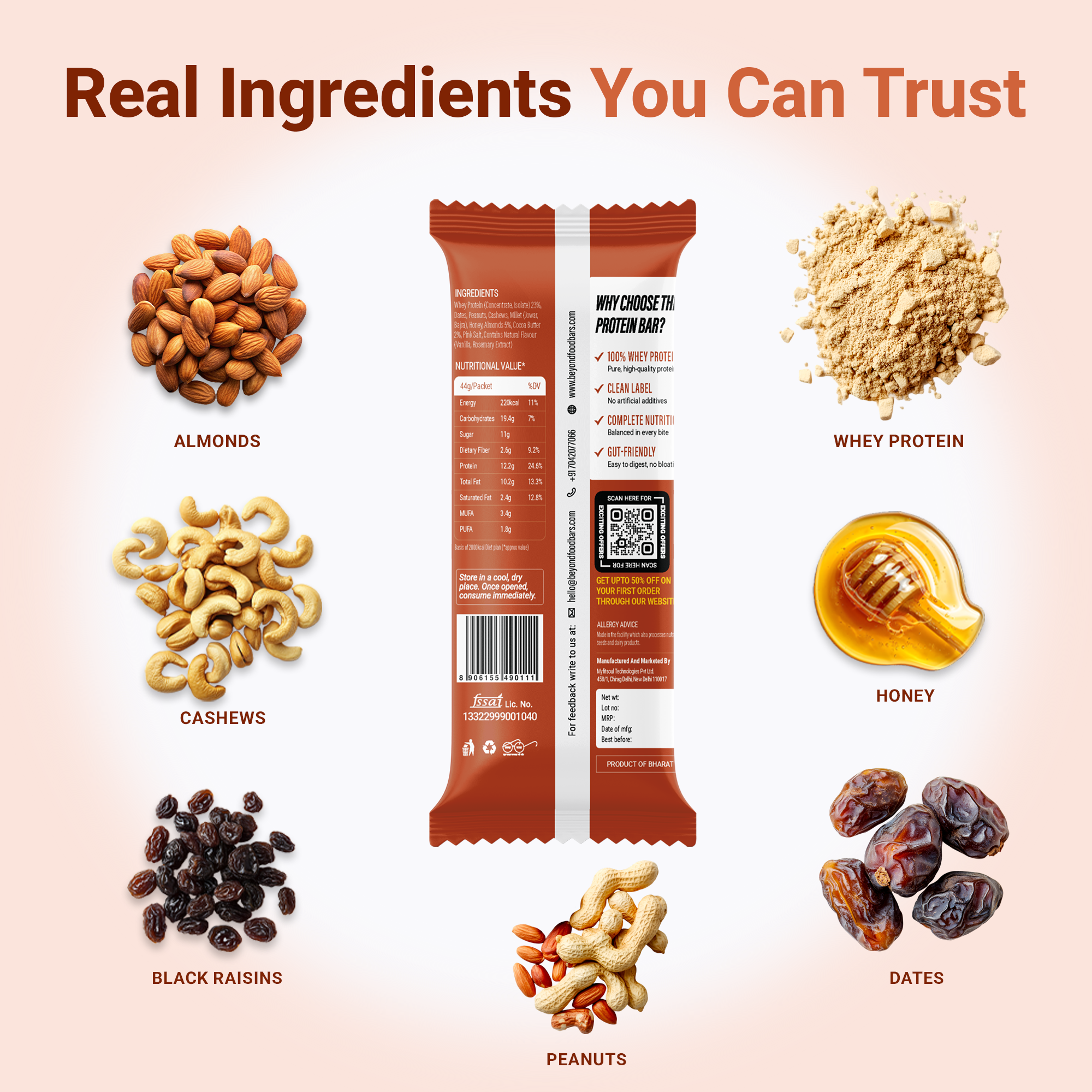 “Back view of Beyond Food Protein Bar wrapper showing ingredients list, nutrition facts, QR code, and product highlights like zero palm oil and no artificial sweeteners.”