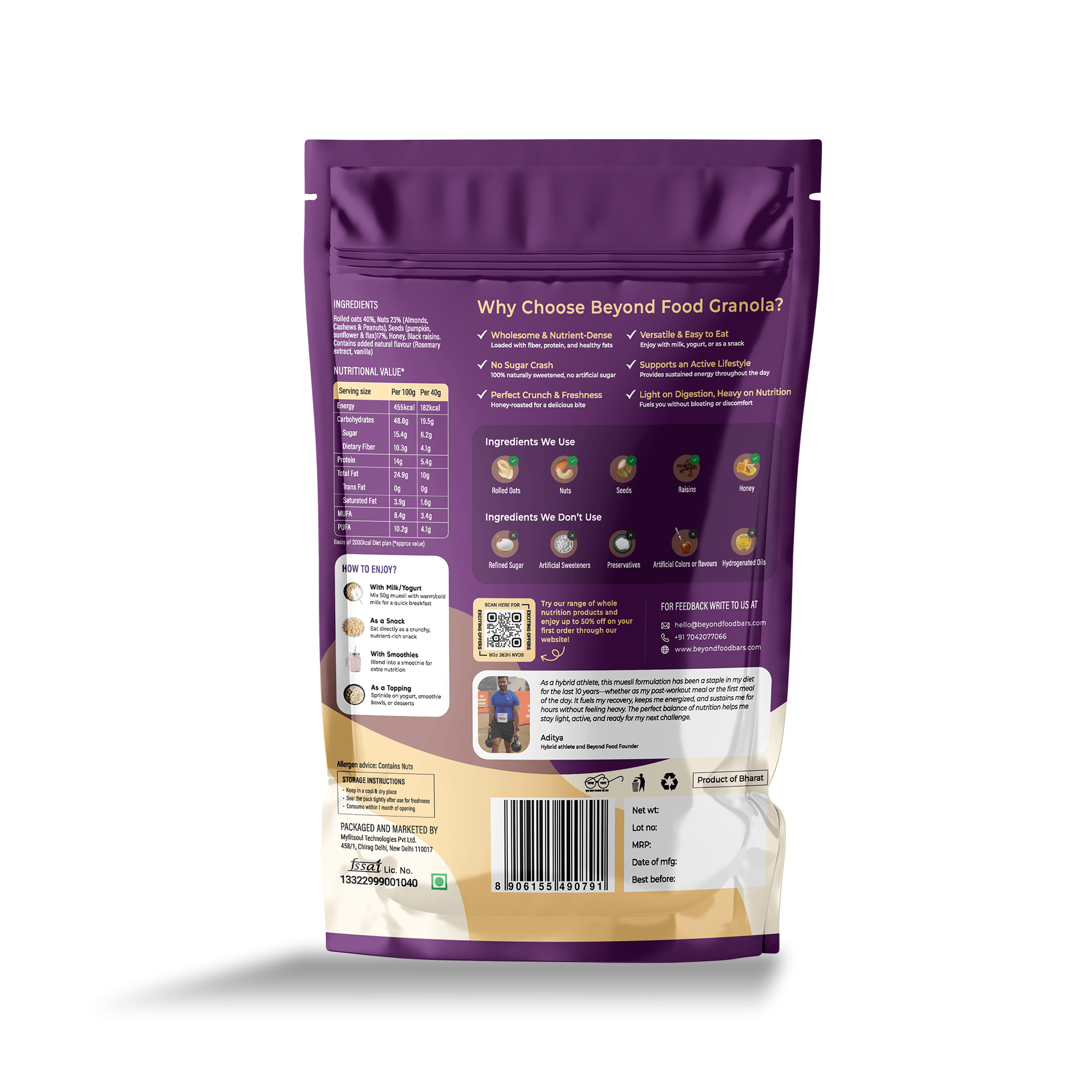 “Back view of Beyond Food Crunchy & Nutty Granola Honey Roasted pack showing details and QR code.”