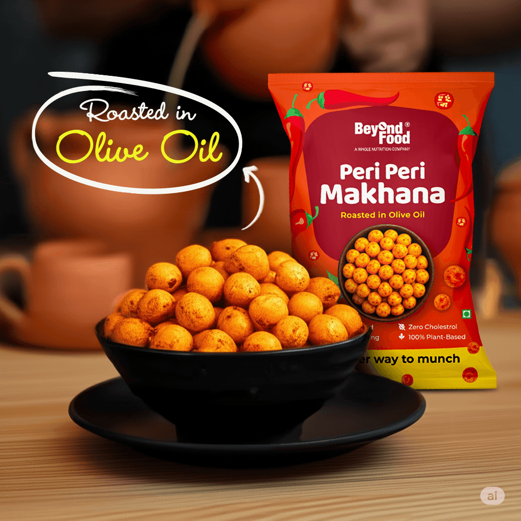 Bowl of spicy Beyond Food Peri Peri Makhana placed beside its vibrant red-orange packaging, with “Roasted in Olive Oil” text highlighted on a dark wooden table background.
