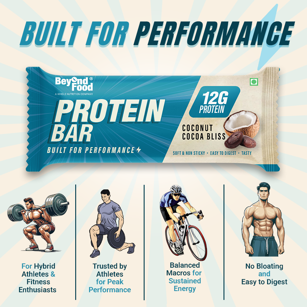 “Beyond Food Protein Bar Coconut Cocoa Bliss – Built for Performance, 12g Protein. Icons showing hybrid athletes, peak performance trust, balanced macros for energy, and no bloating/easy digestion.”