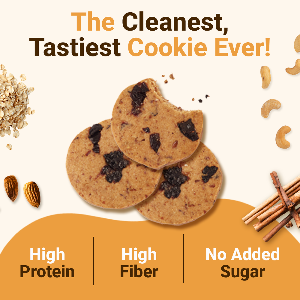 The Cleanest, Tastiest Cookie Ever graphic
High-protein cinnamon and raisin oatmeal cookies by Beyond Food – no added sugar, high fiber, baked with real oats, nuts, and seeds.