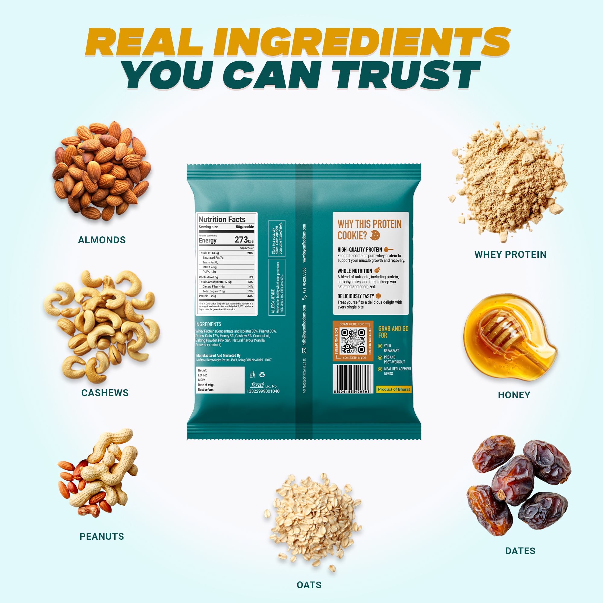Protein package with visible ingredients including almonds, cashews, whey protein, honey, dates, and oats on a light blue background.