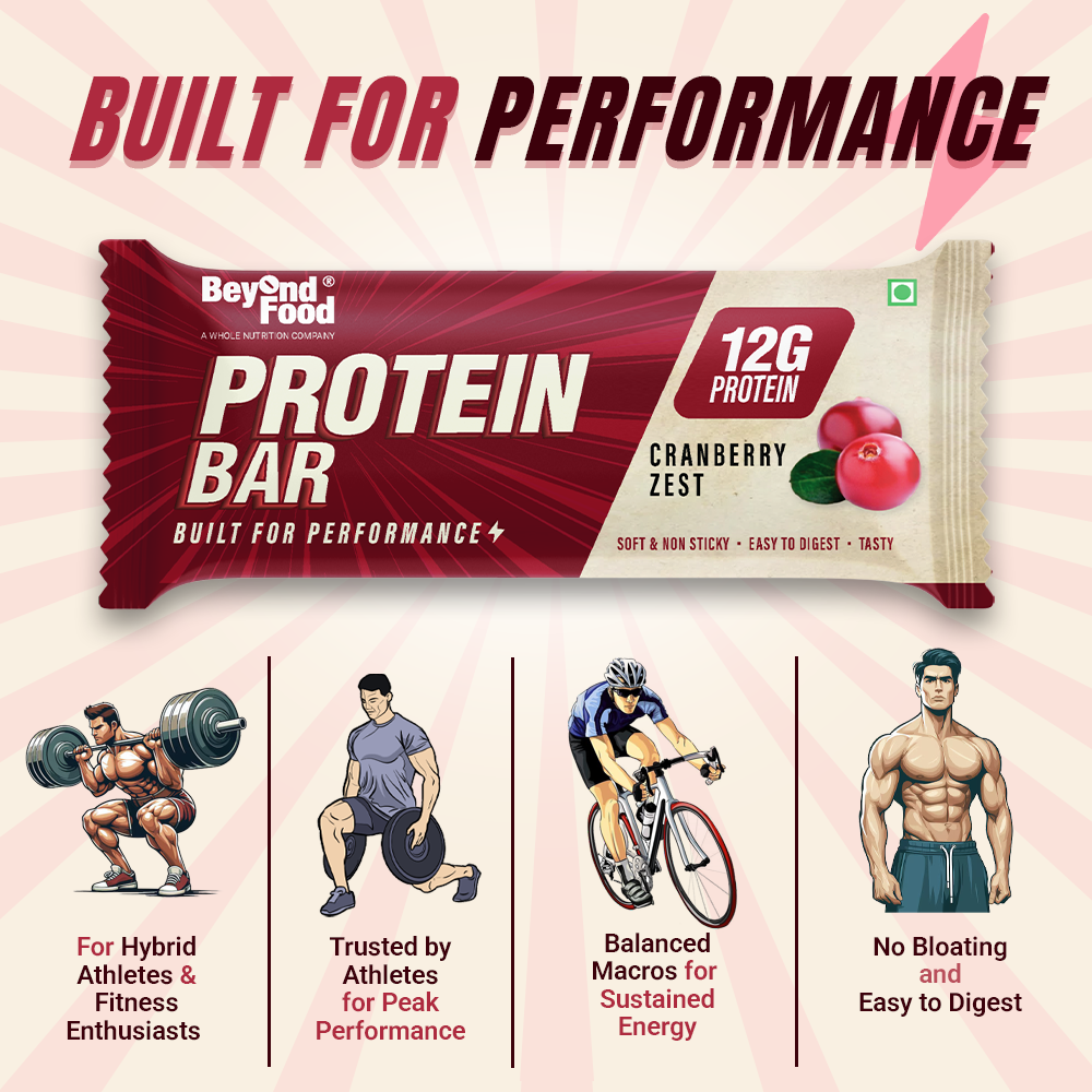 “Beyond Food cranberry zest protein bar packaging with text ‘Built for Performance’ and ‘12g Protein’. Icons and illustrations showing benefits: for hybrid athletes, trusted by athletes, balanced macros, no bloating, easy to digest.”
