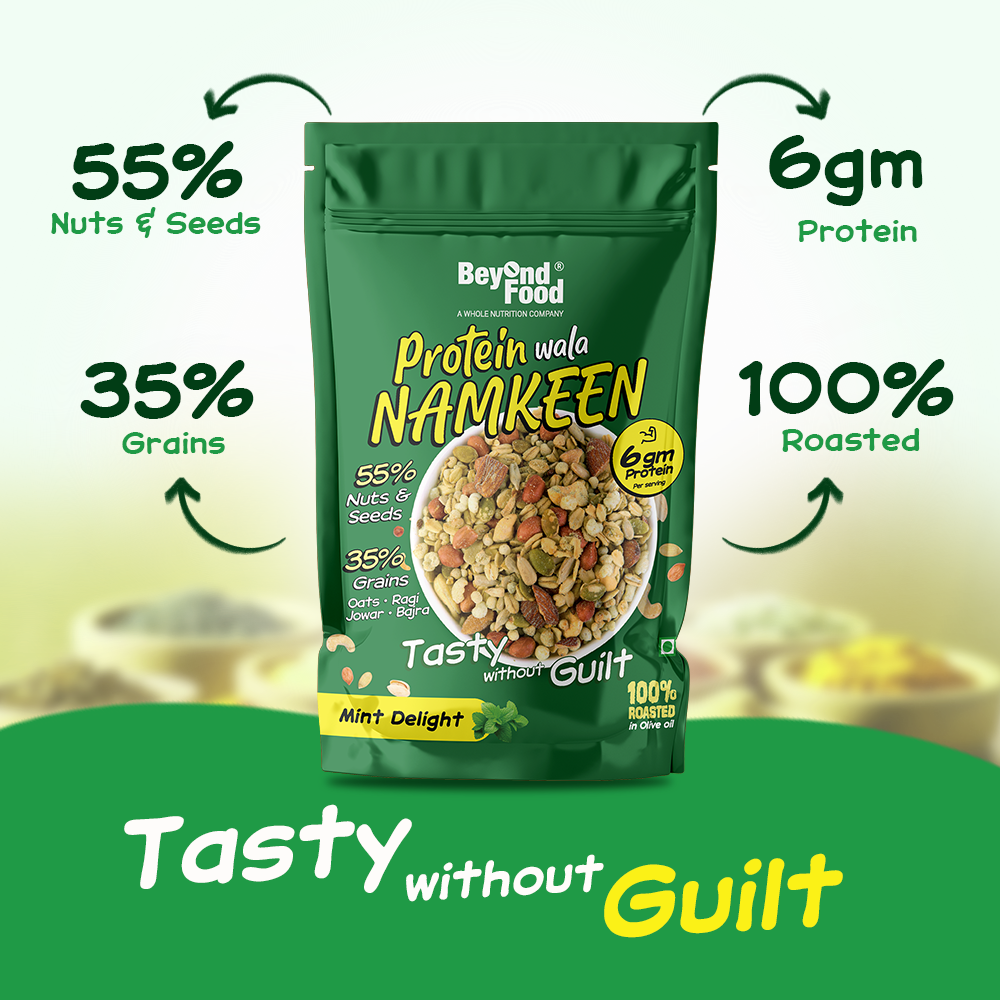 Beyond Food Protein Wala Namkeen front packaging with key highlights: 55% nuts & seeds, 35% grains, 6g protein, 100% roasted, tagline “Tasty without Guilt.”