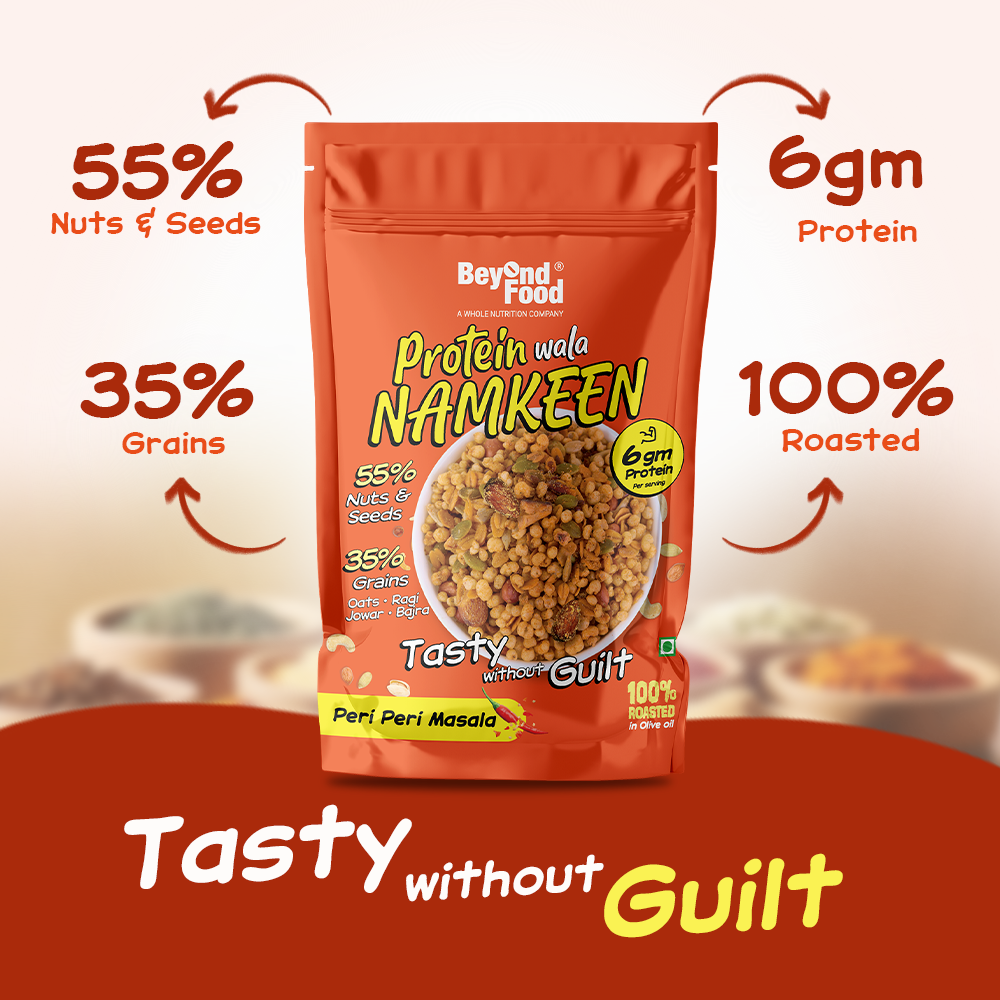 “Infographic of Beyond Food Protein Wala Namkeen – highlighting 55% nuts & seeds, 35% grains, 6g protein per serving, and 100% roasted.”