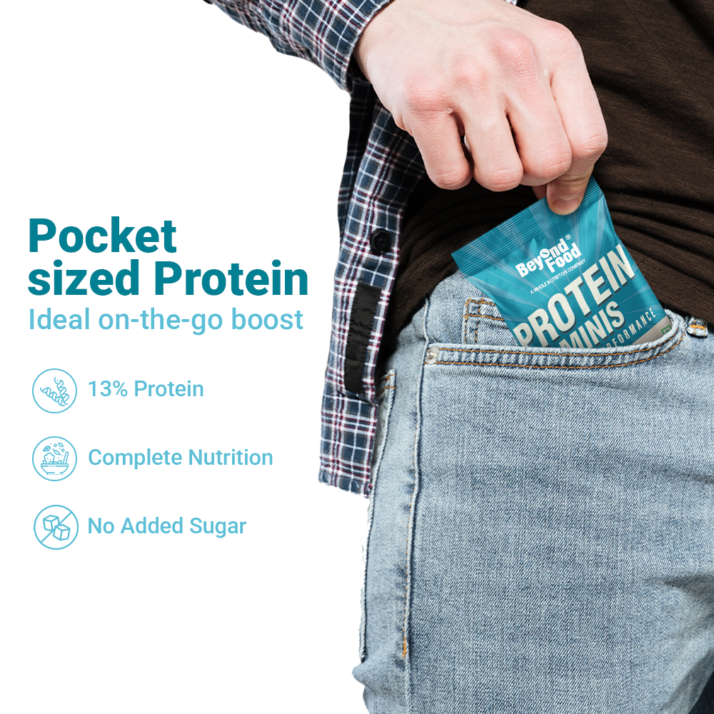 “Pocket-sized Beyond Food Coconut Cocoa Bliss Protein Minis – convenient on-the-go protein snack with 13% protein, complete nutrition, and no added sugar.”