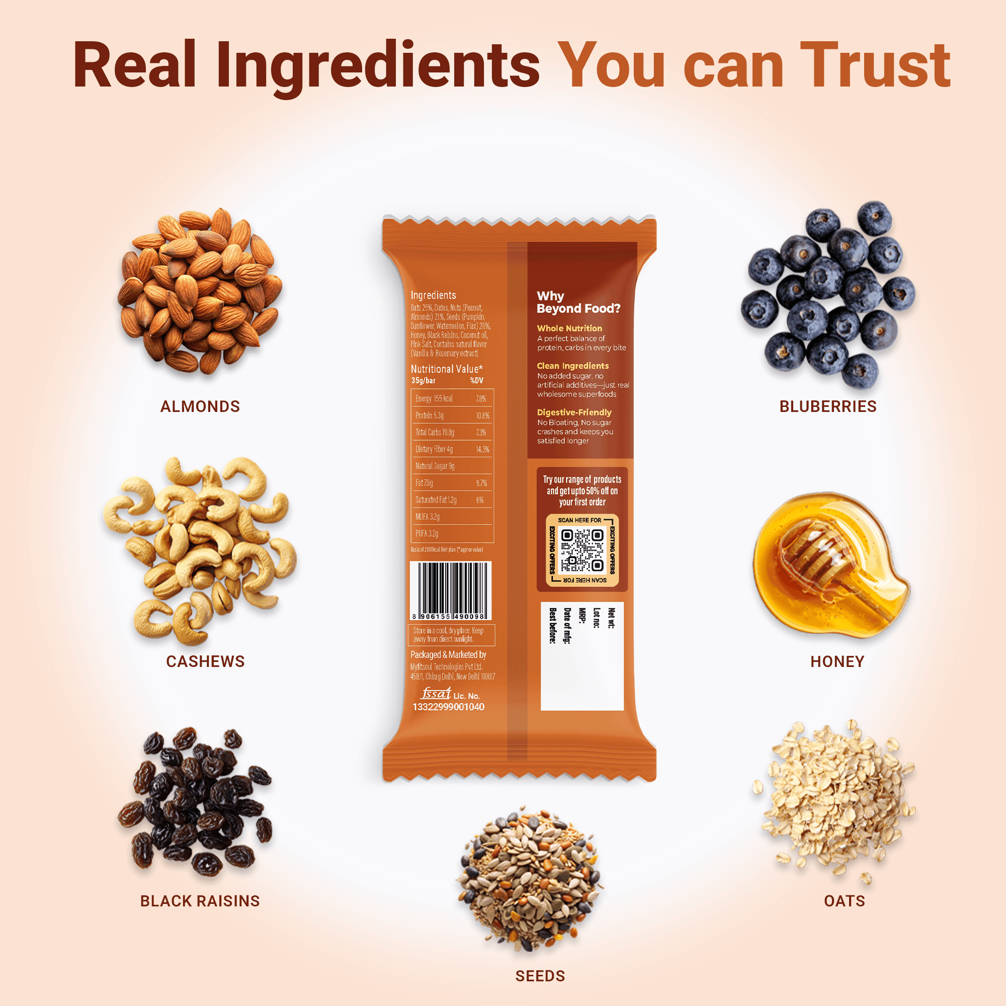 Back view of Beyond Food Energy Bar showing real ingredients – almonds, cashews, black raisins, seeds, blueberries, honey, and oats.