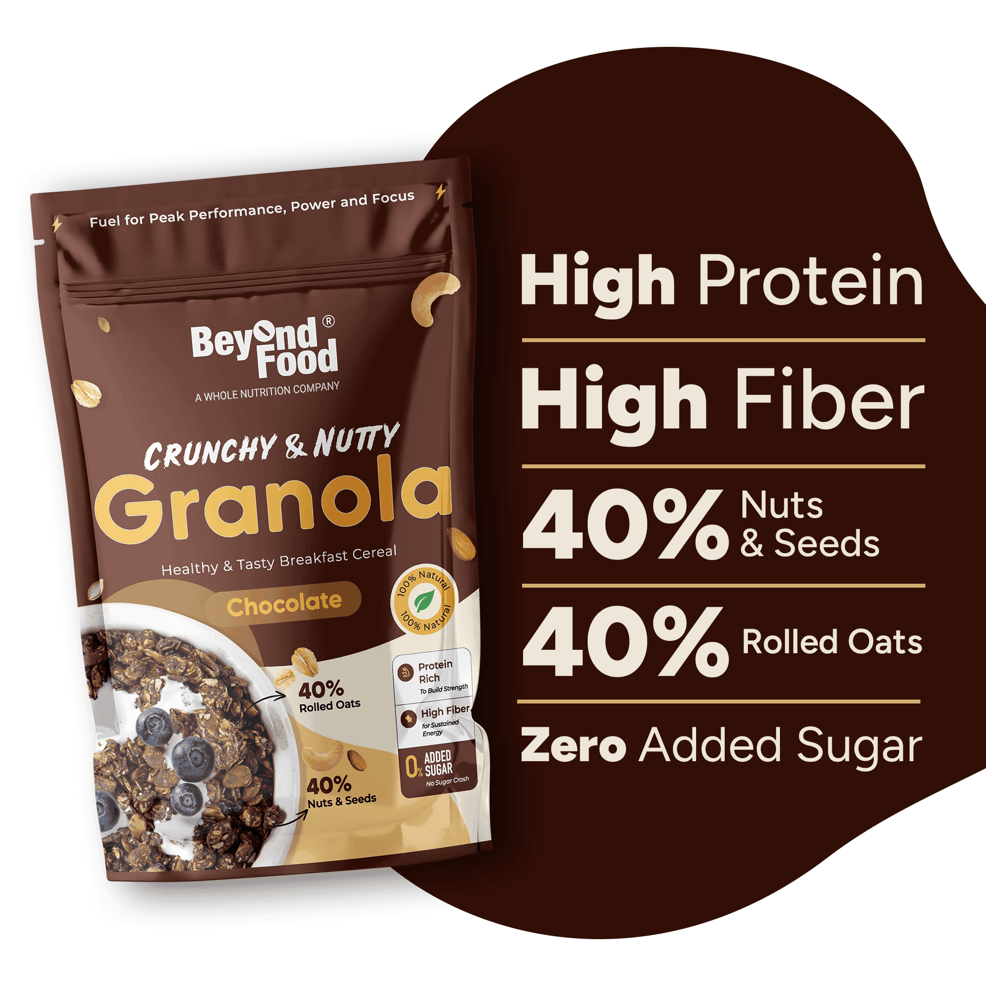 Front view of Beyond Food Crunchy & Nutty Granola Chocolate pack with text highlighting high protein, high fiber, 40% nuts & seeds, 40% rolled oats, and zero added sugar.