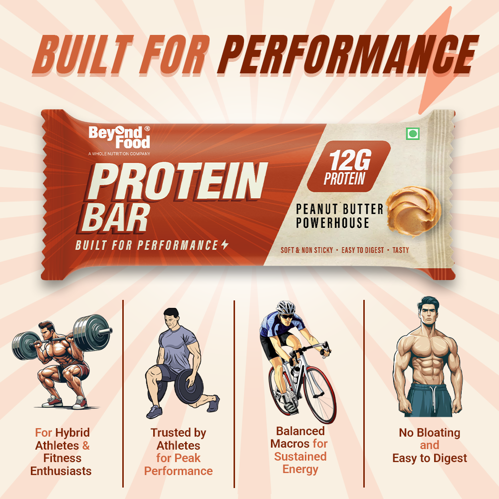 Beyond Food Peanut Butter Powerhouse Protein Bar with 12g protein, featuring illustrations of athletes and benefits like no bloating, balanced macros, and high performance.”