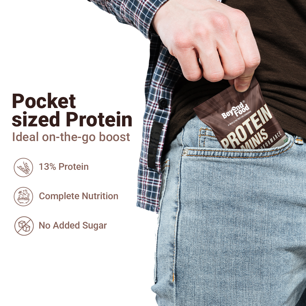 “Close-up of a hand placing Beyond Food Protein Minis Cocoa Almond Crunch pack into a jeans pocket, showing benefits like 13% protein, complete nutrition, and no added sugar.”
