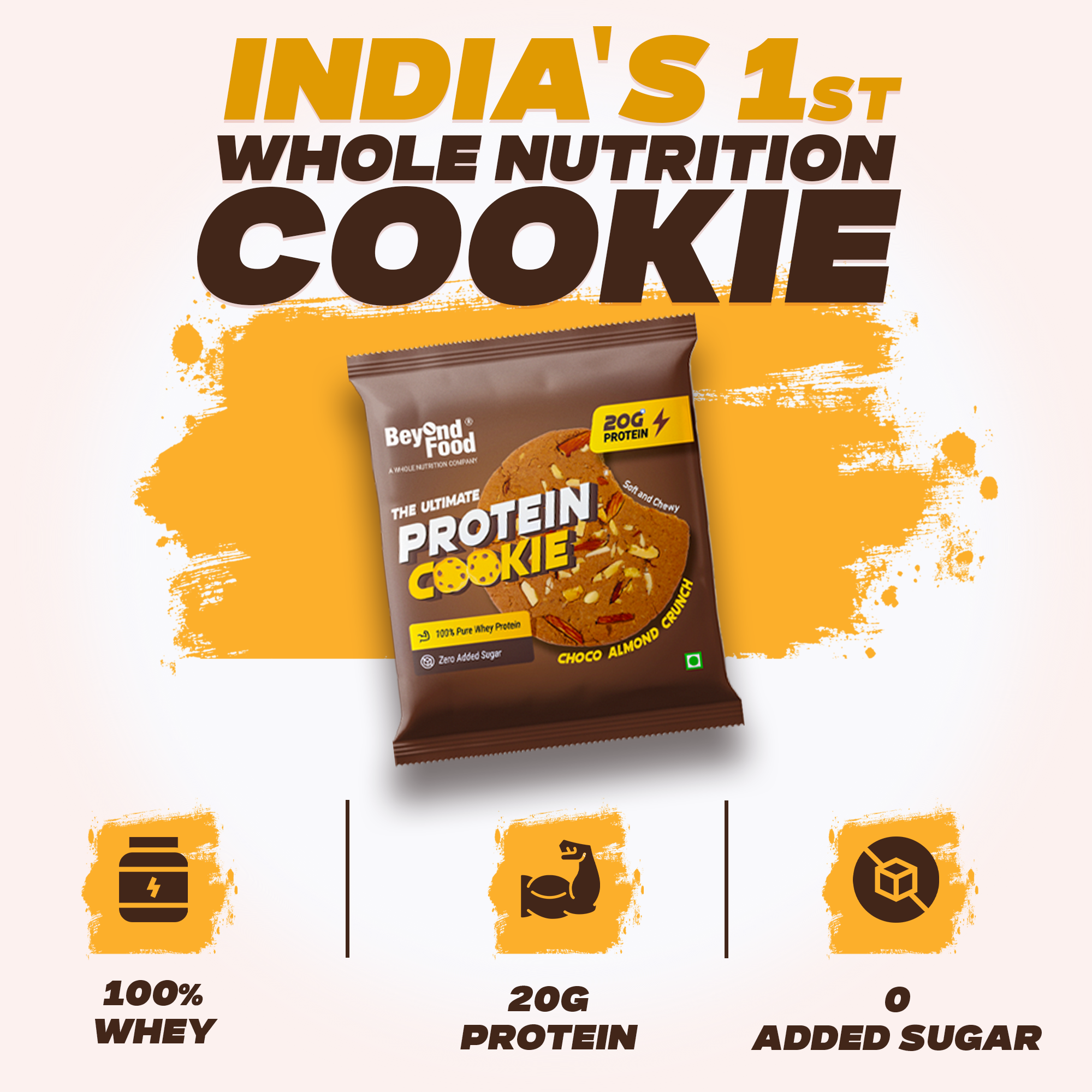 Protein cookie package with nutritional icons and text on a light orange background.