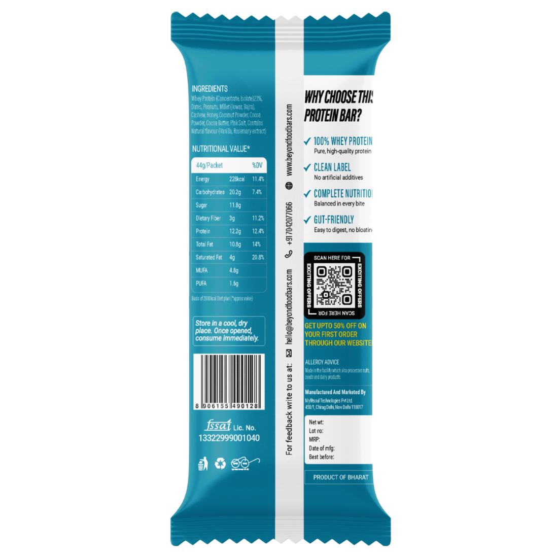 “Beyond Food Protein Bar back view with real ingredients – almonds, whey protein, cashews, honey, black raisins, coconut, and dates.”