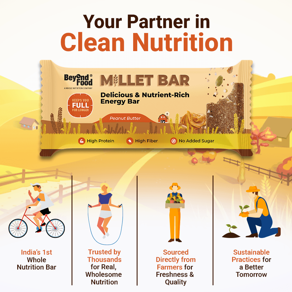 “Beyond Food Millet Bar – clean nutrition snack, sourced directly from farmers, sustainable practices, and made with wholesome ingredients.”