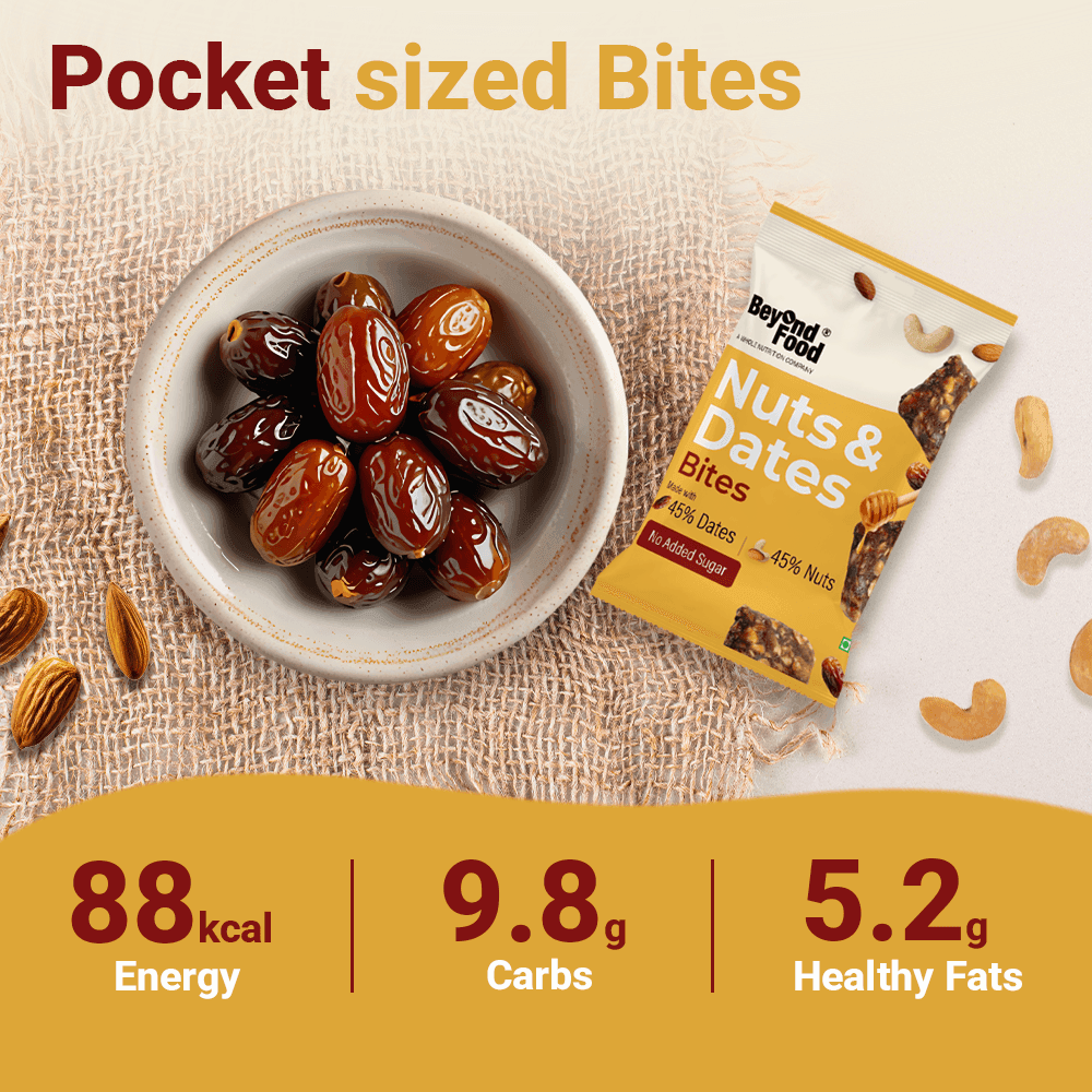 “Beyond Food Nuts & Dates Bites packet next to a bowl of dates with scattered nuts. Nutritional highlights: 88 kcal Energy, 9.8g Carbs, 5.2g Healthy Fats. Text reads ‘Pocket sized Bites’.”