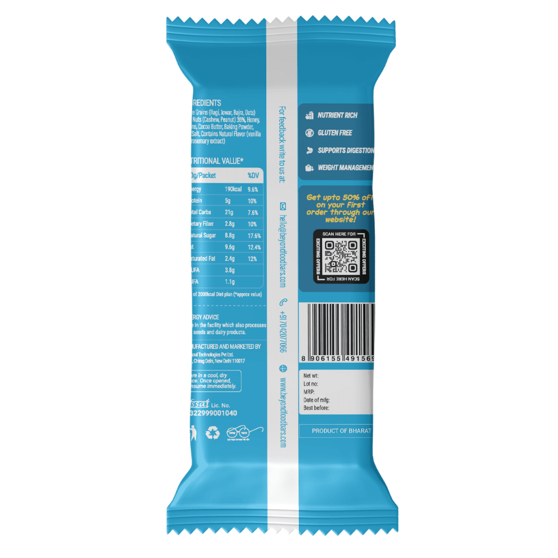 Back view of Beyond Food Millet Cookie packaging showing ingredients, nutrition facts, barcode, and QR code.