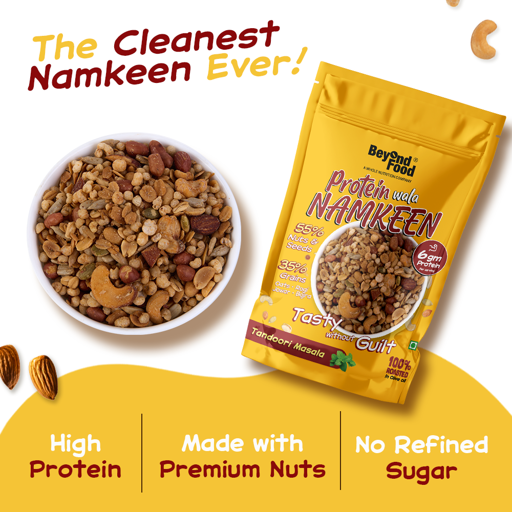 Beyond Food Protein Wala Namkeen – high protein snack made with premium nuts, no refined sugar, healthy tandoori masala flavour.
