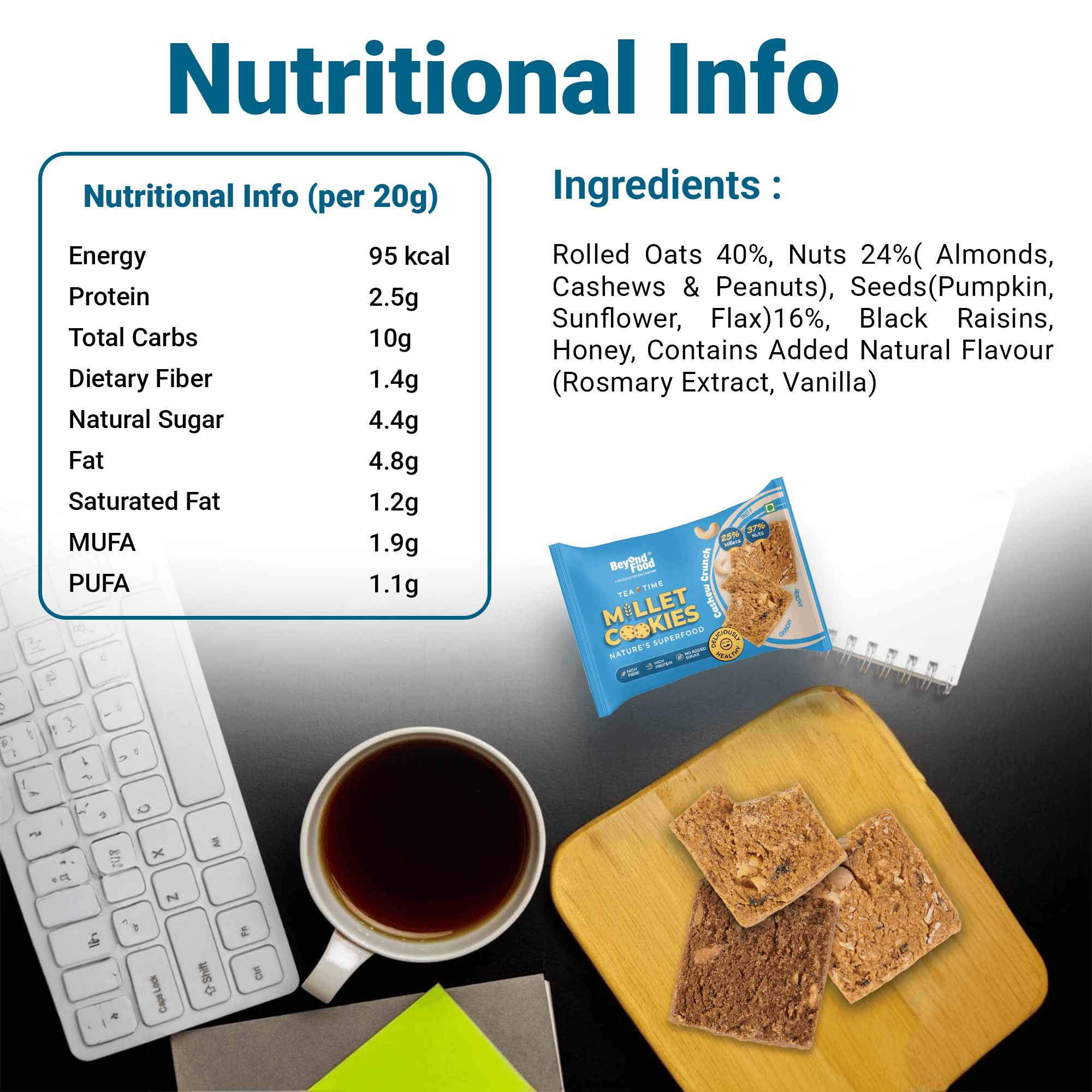 Beyond Food Millet Cookies with nutritional info, ingredients, coffee, and cookies on a desk flat lay