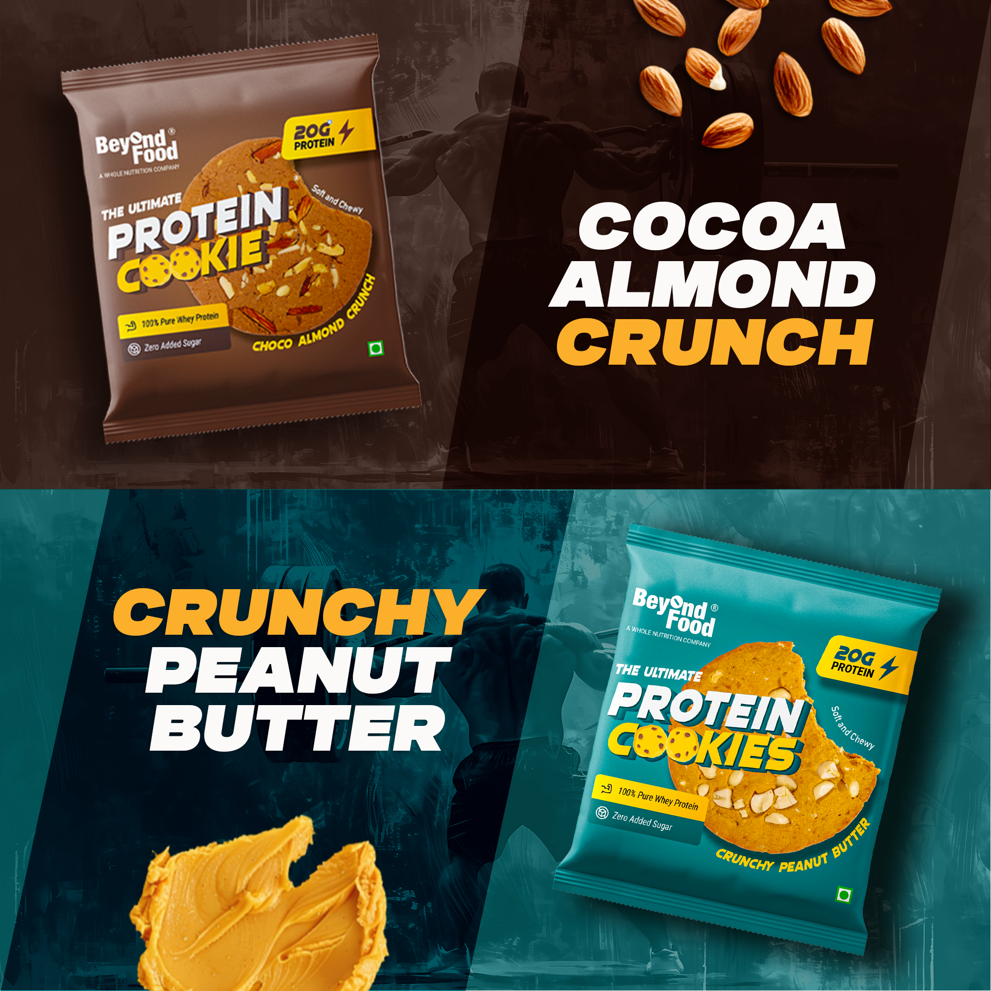 “Beyond Food protein cookies in Choco Almond Crunch and Crunchy Peanut Butter flavors – high-protein, gluten-free snacks for fitness, energy, and muscle recovery.”
