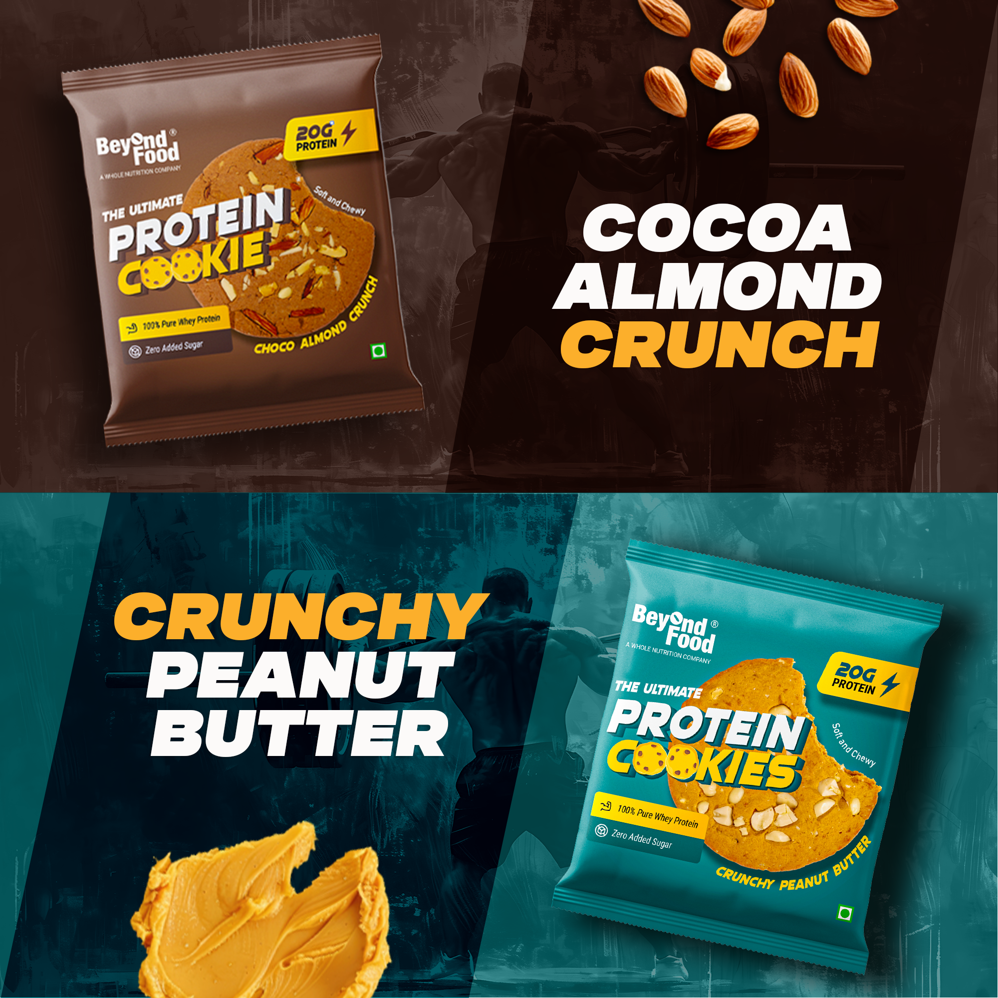 “Beyond Food protein cookies in Choco Almond Crunch and Crunchy Peanut Butter flavors – high-protein, gluten-free snacks for fitness, energy, and muscle recovery.”