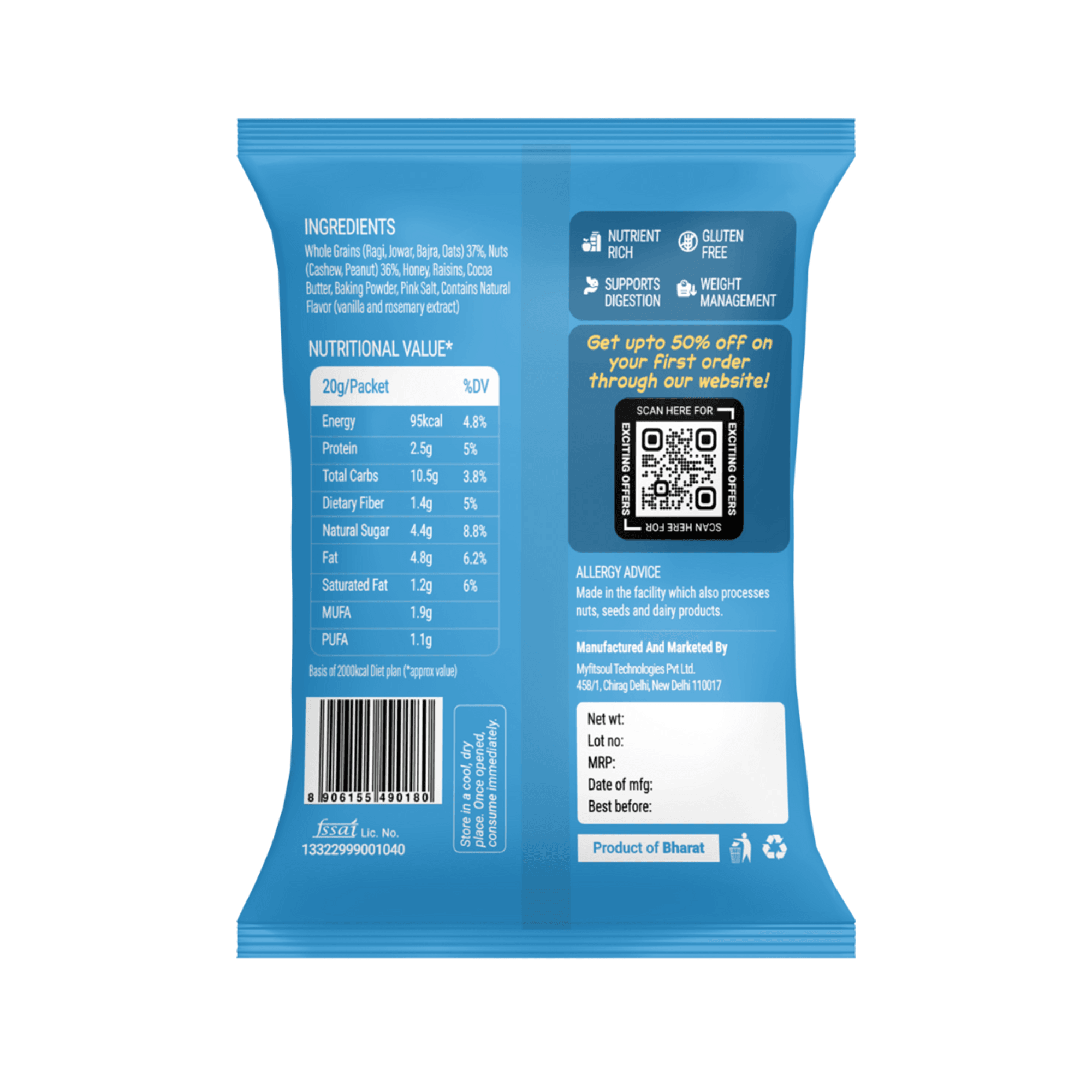 Back of Beyond Food Millet Cookies pack showing ingredients, nutrition facts, QR code, and barcode.