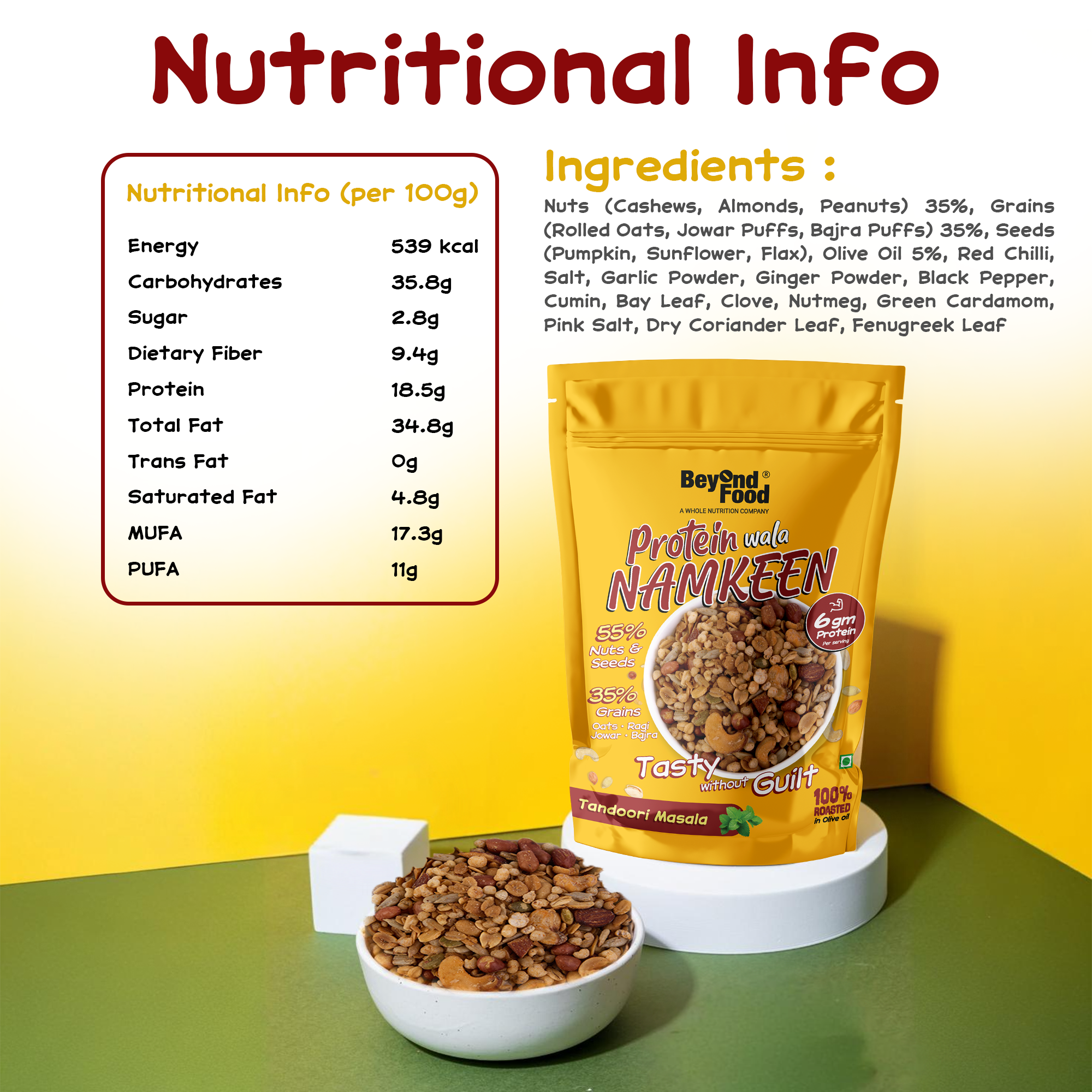 Nutritional information and ingredient list for Beyond Food Protein Wala Namkeen – healthy roasted snack with nuts, seeds, and grains.