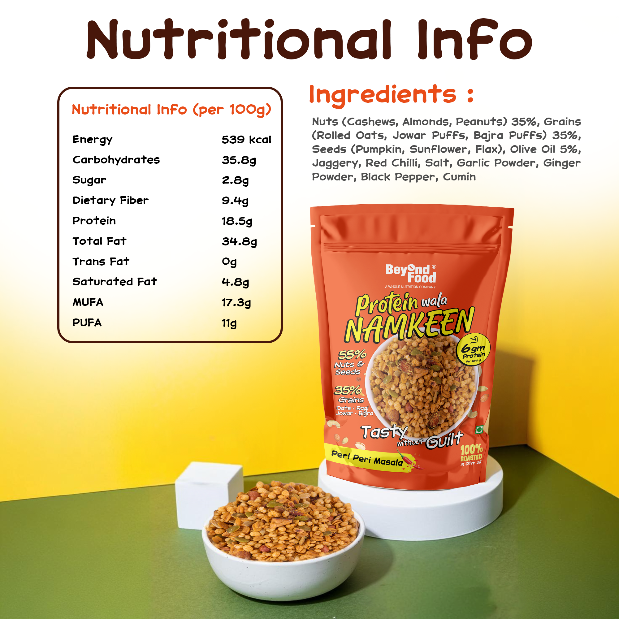 “Nutritional information chart for Beyond Food Protein Wala Namkeen, with ingredients list and serving size details.”