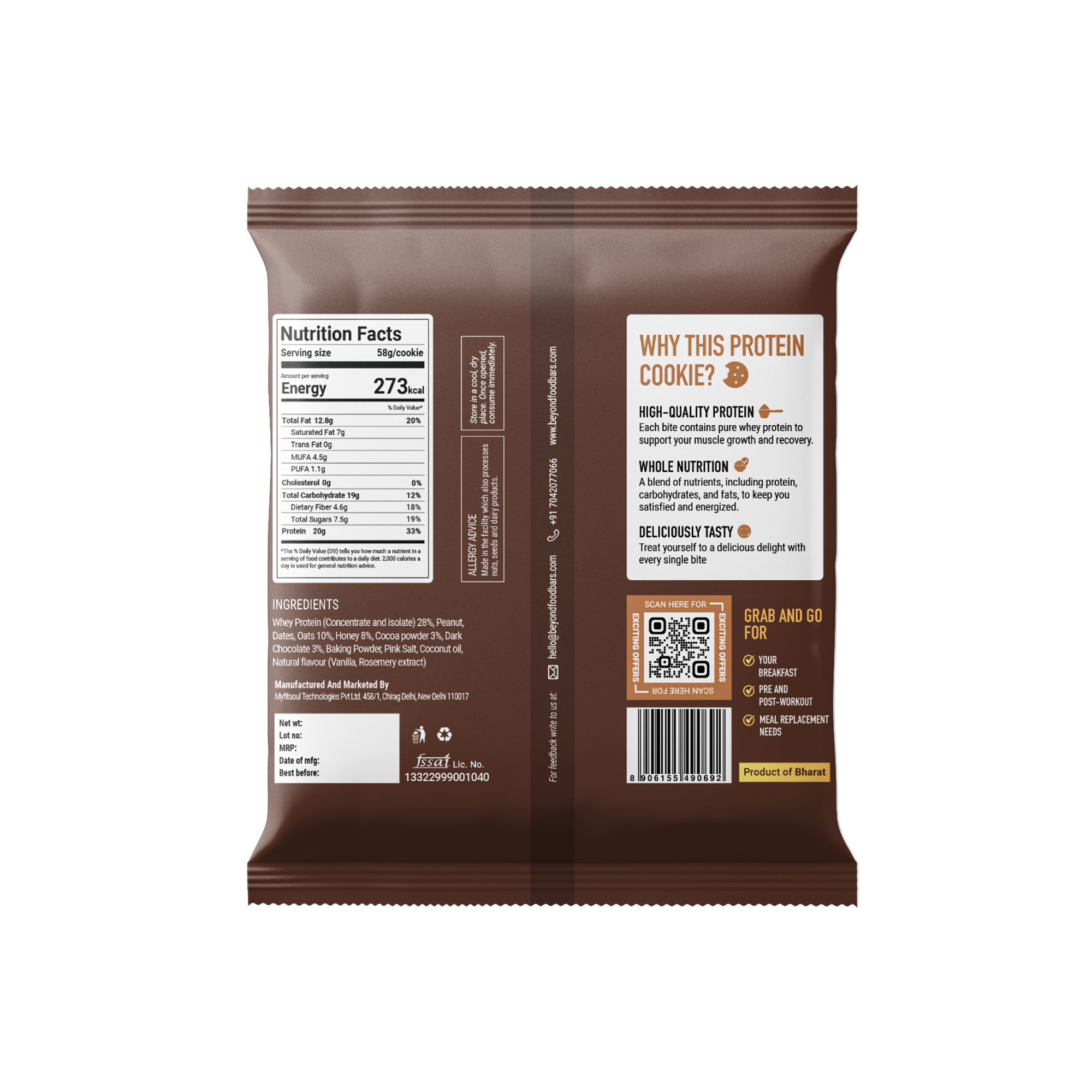 “Beyond Food protein cookie back packaging showing nutrition facts, 20g protein per serving, zero added sugar, and product benefits.”