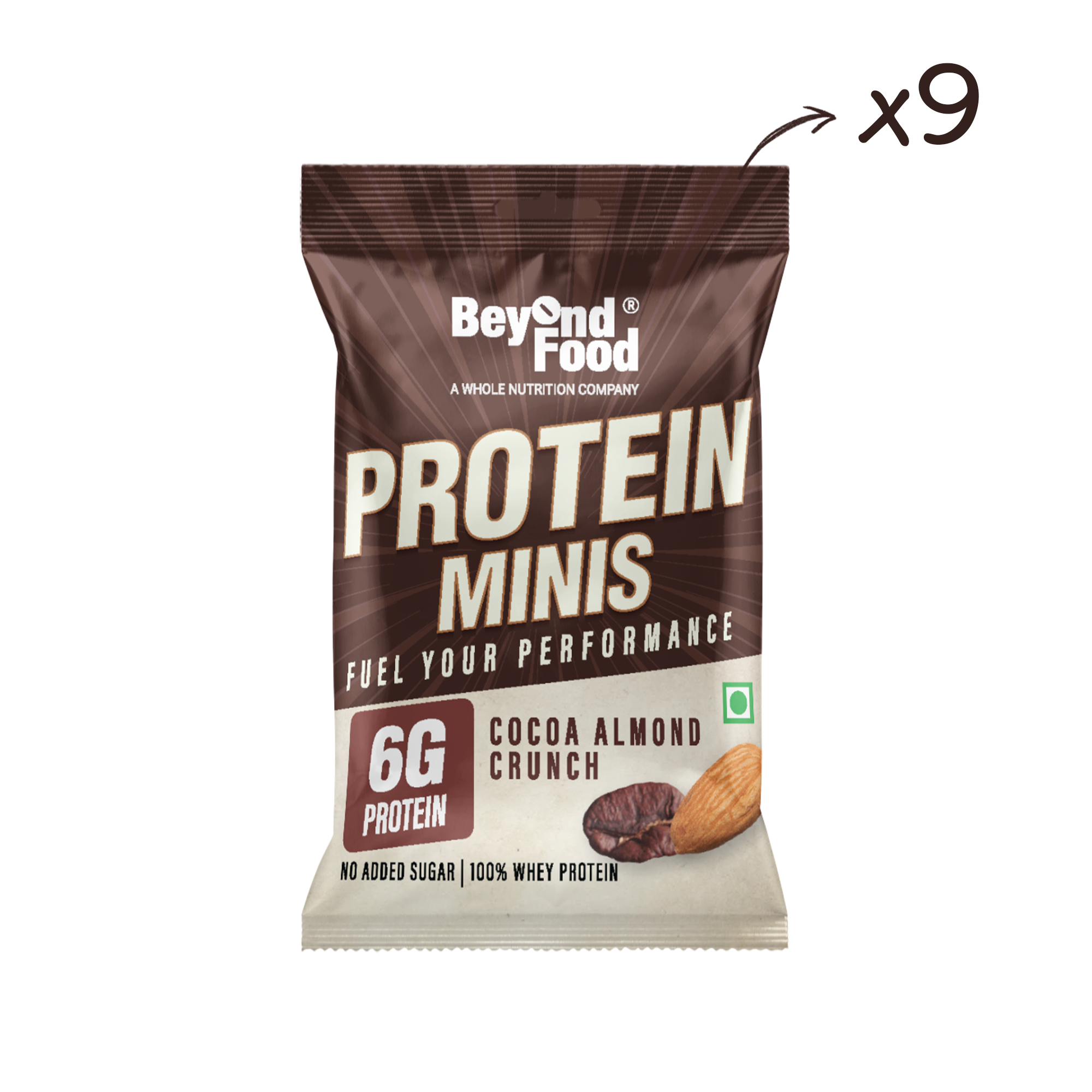 Packaging of Beyond Food Protein Minis with Cocoa Almond Crunch flavor, highlighting 6g protein per bite, no added sugar, and 100% whey protein.