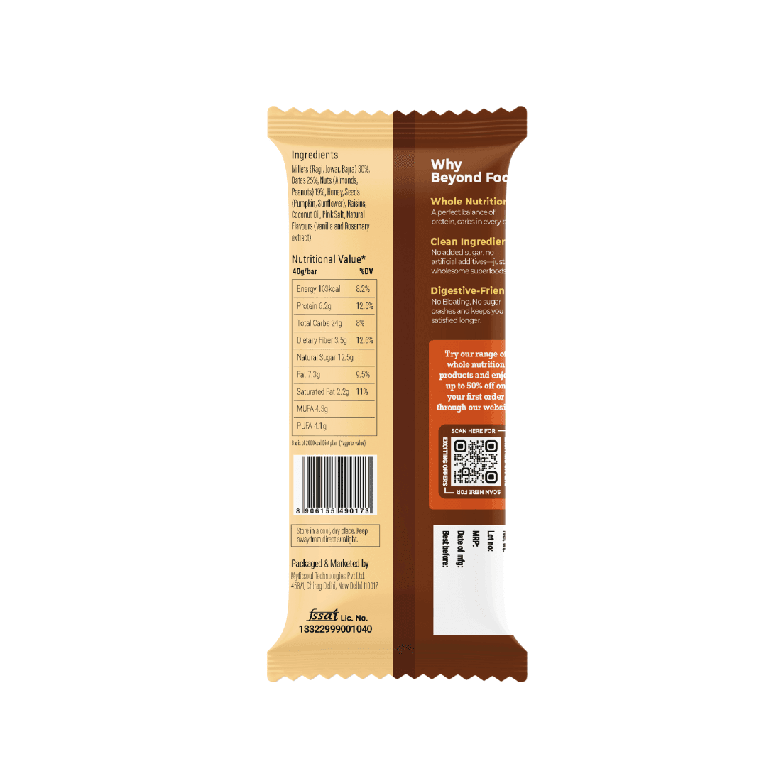 “Back of Beyond Food Millet Bar – nutrition facts, ingredients list, and QR code for product details.”