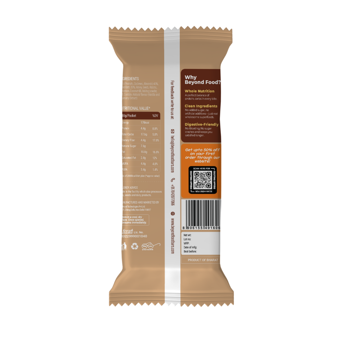 “Nutritional information and ingredients on Beyond Food cocoa almond oatmeal cookie pack”