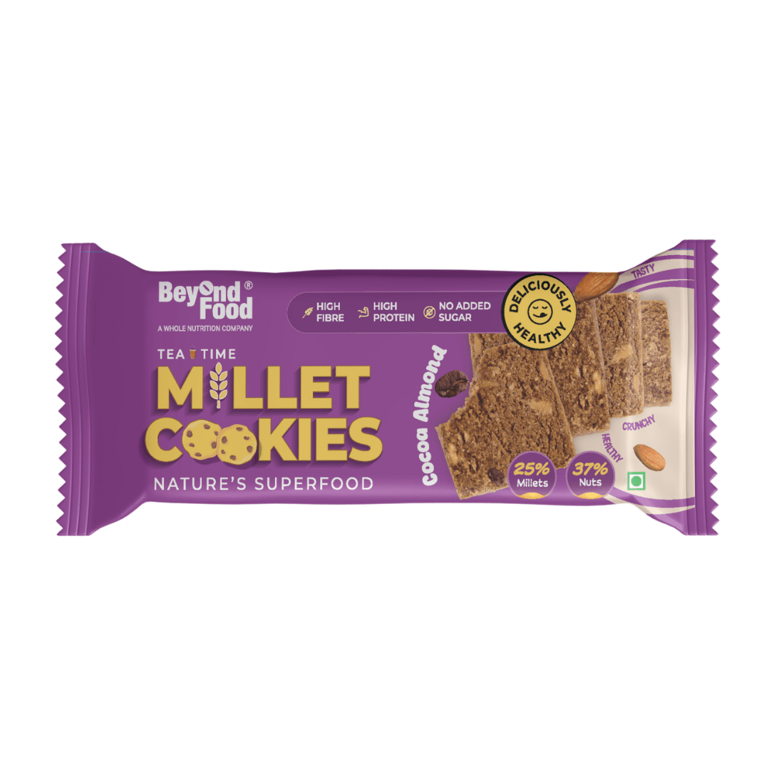 A pack of Beyond Food Millet Cookies in cocoa crunch almond flavor, with multiple individual cookies visible, arranged in a line.