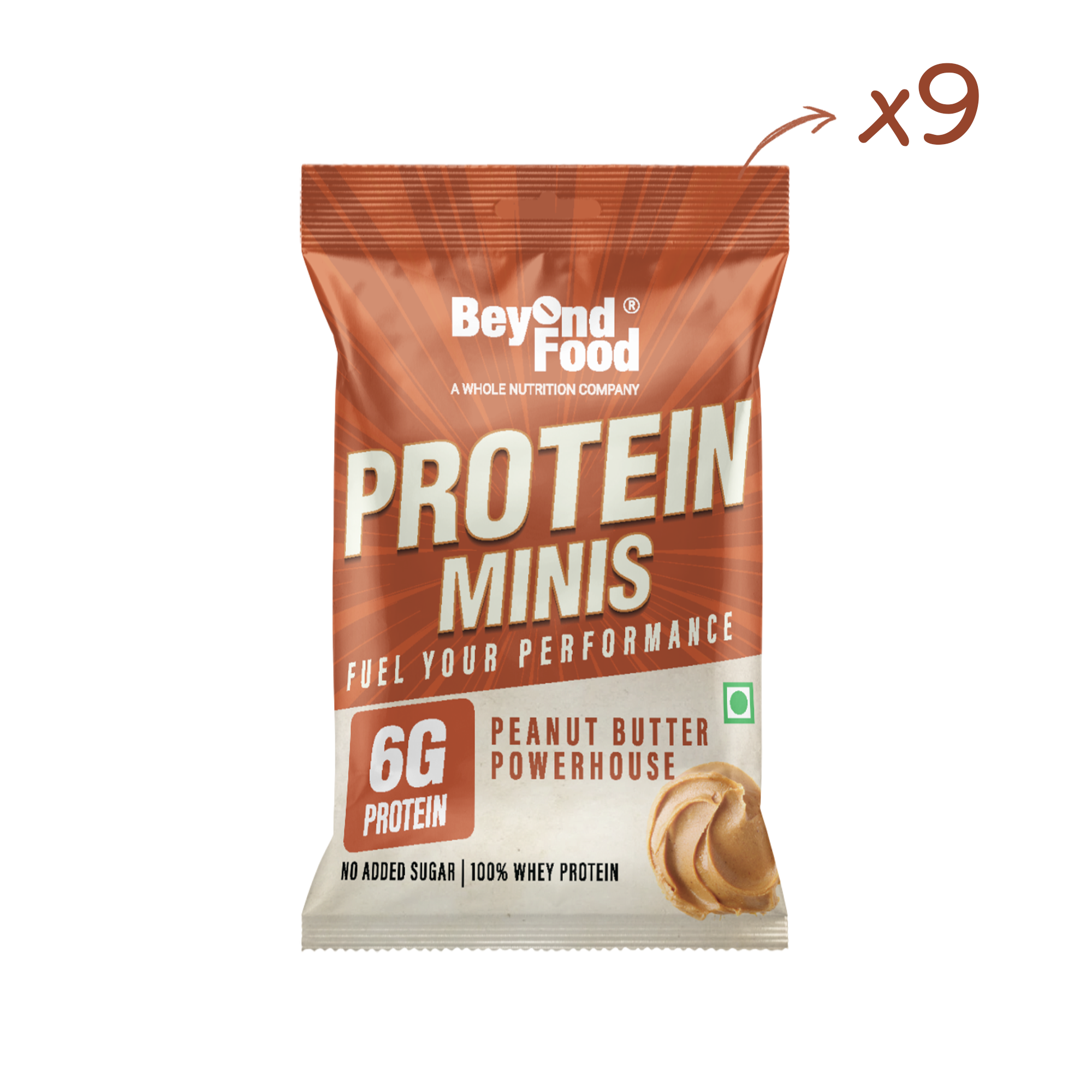 Packaging for Beyond Food Protein Minis, with a brown and white color scheme, featuring an image of a peanut butter mini bar and text highlighting 6g of protein, no added sugar, and 100% whey protein.
