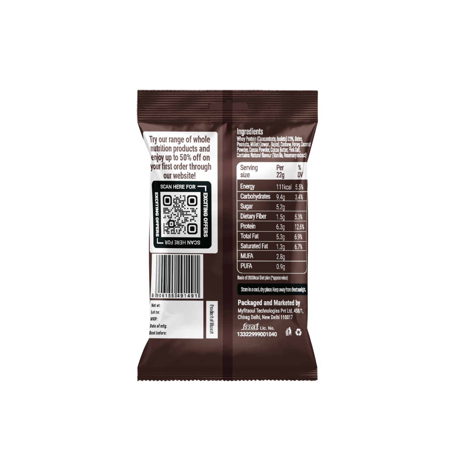 “Back view of Beyond Food Protein Minis Cocoa Almond Crunch pack showing ingredients, nutritional values, barcode, and QR code for more product details.”