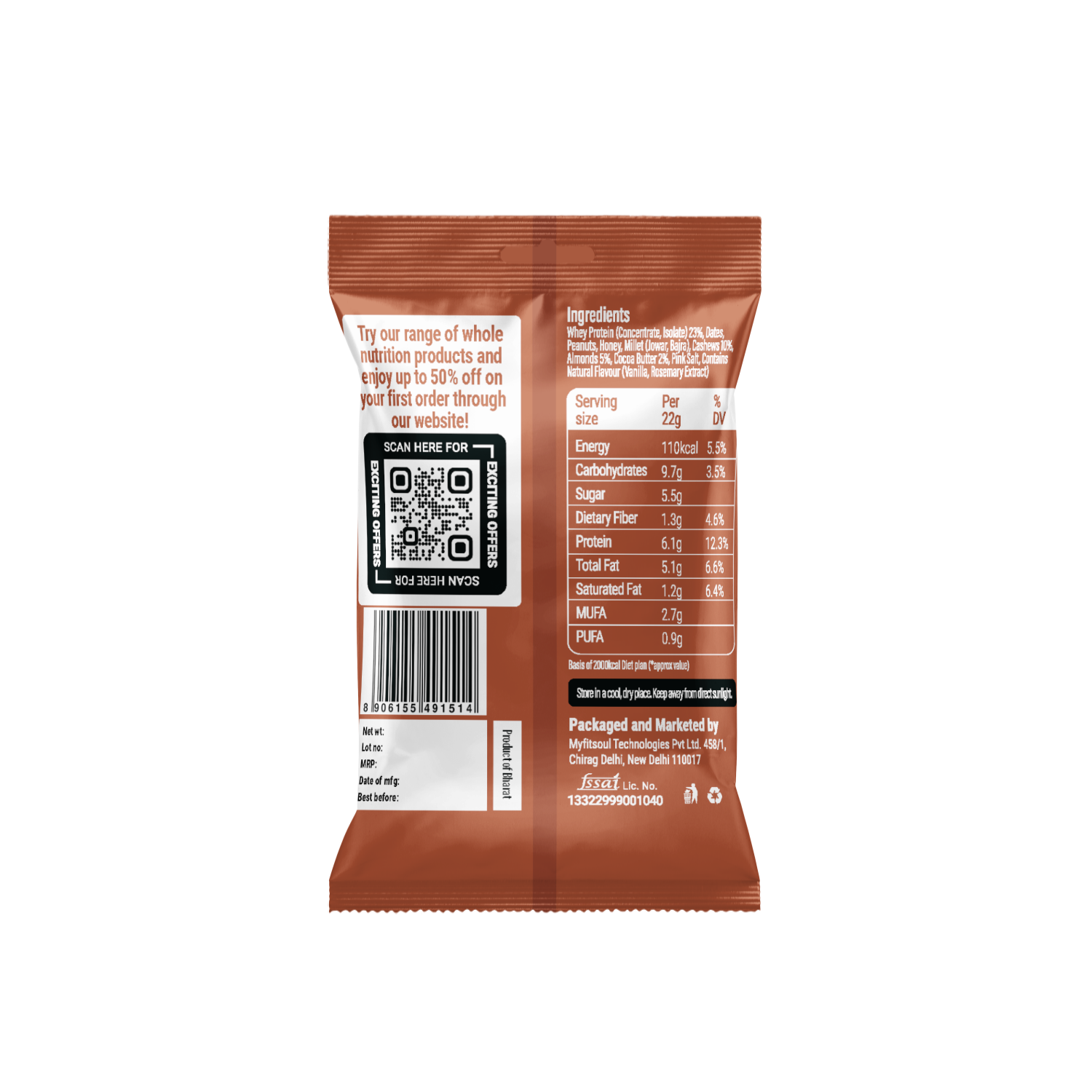 “Back of Beyond Food Protein Minis peanut butter pack – nutrition facts, ingredients, and QR code for product details.”