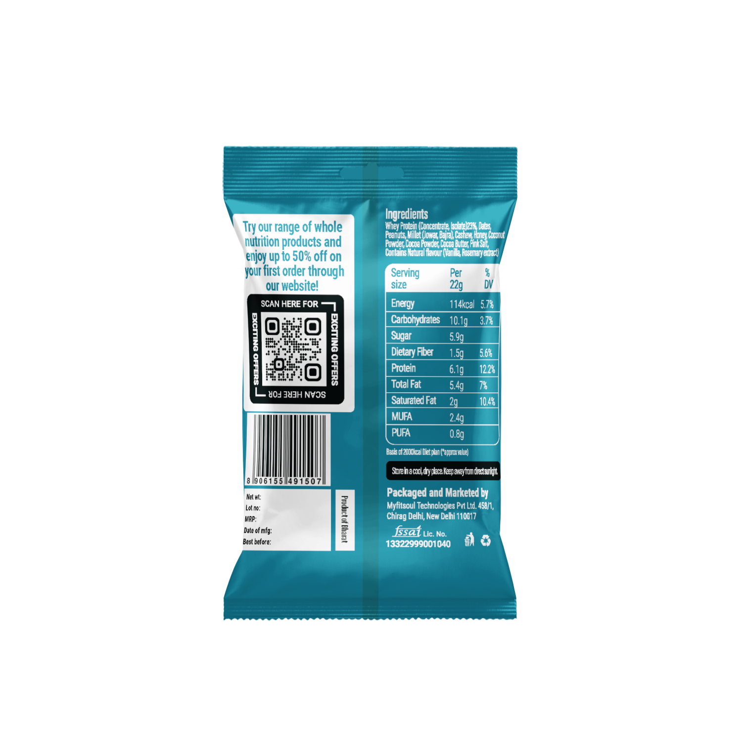 “Back of Beyond Food Coconut Cocoa Bliss Protein Minis pack – nutrition facts, ingredients, and QR code for product details.”