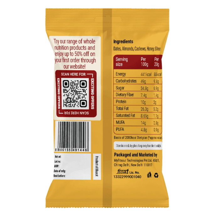 Back of Pack with Nutrition & QR Code
“Back view of Beyond Food Nuts & Dates Bites packet showing ingredients list, nutritional facts, barcode, and a QR