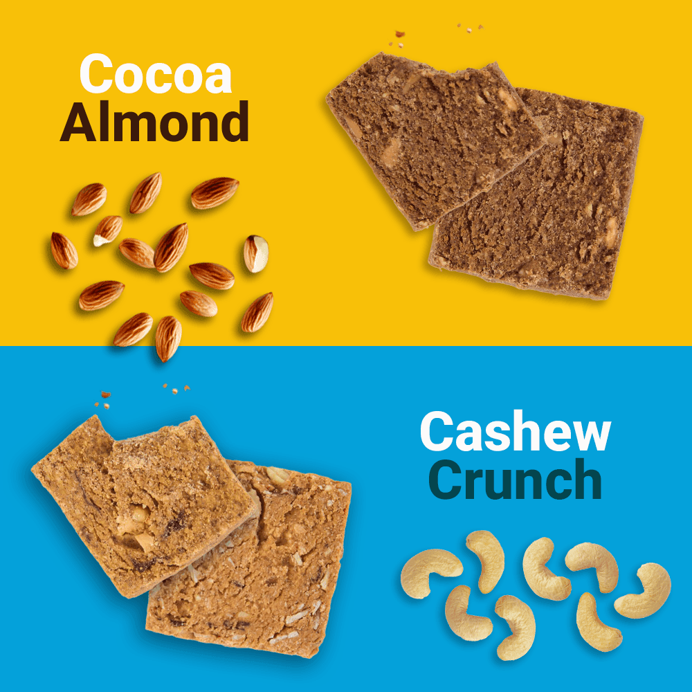 Two varieties of Beyond Food Millet Cookies: “Cocoa Almond” and “Cashew Crunch”, with respective ingredients displayed.