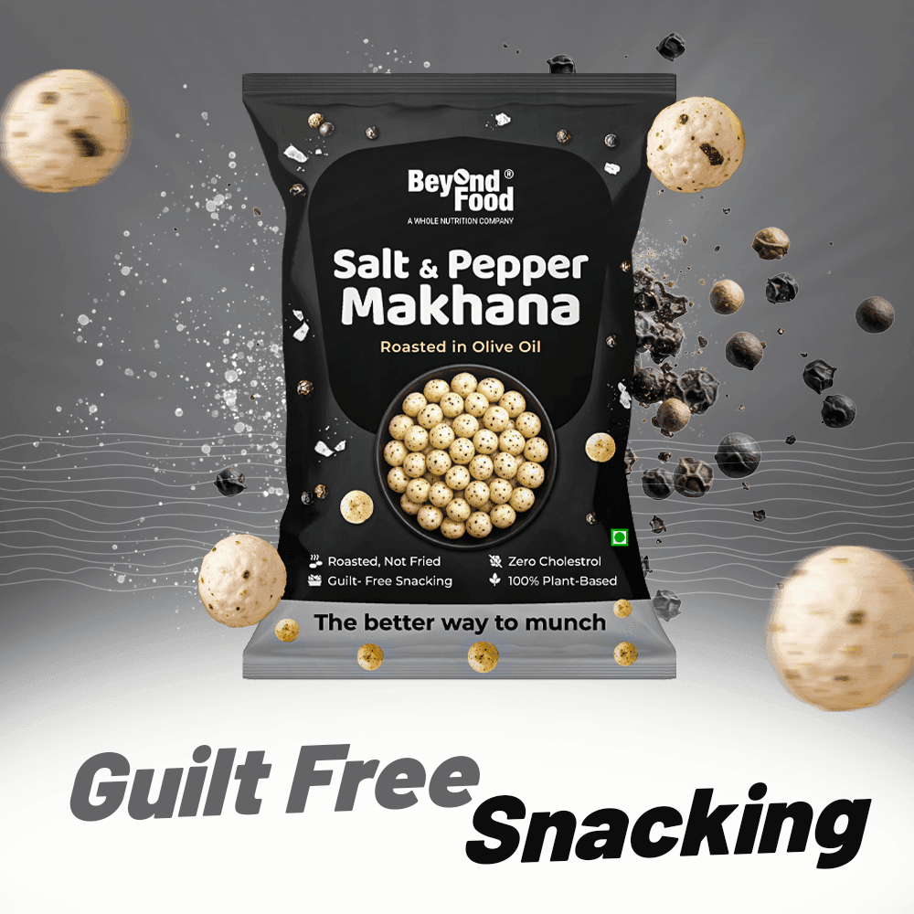 Beyond Food Salt & Pepper Makhana pack with floating roasted makhana and black pepper visuals, placed on a grey gradient background with 'Guilt Free Snacking' text