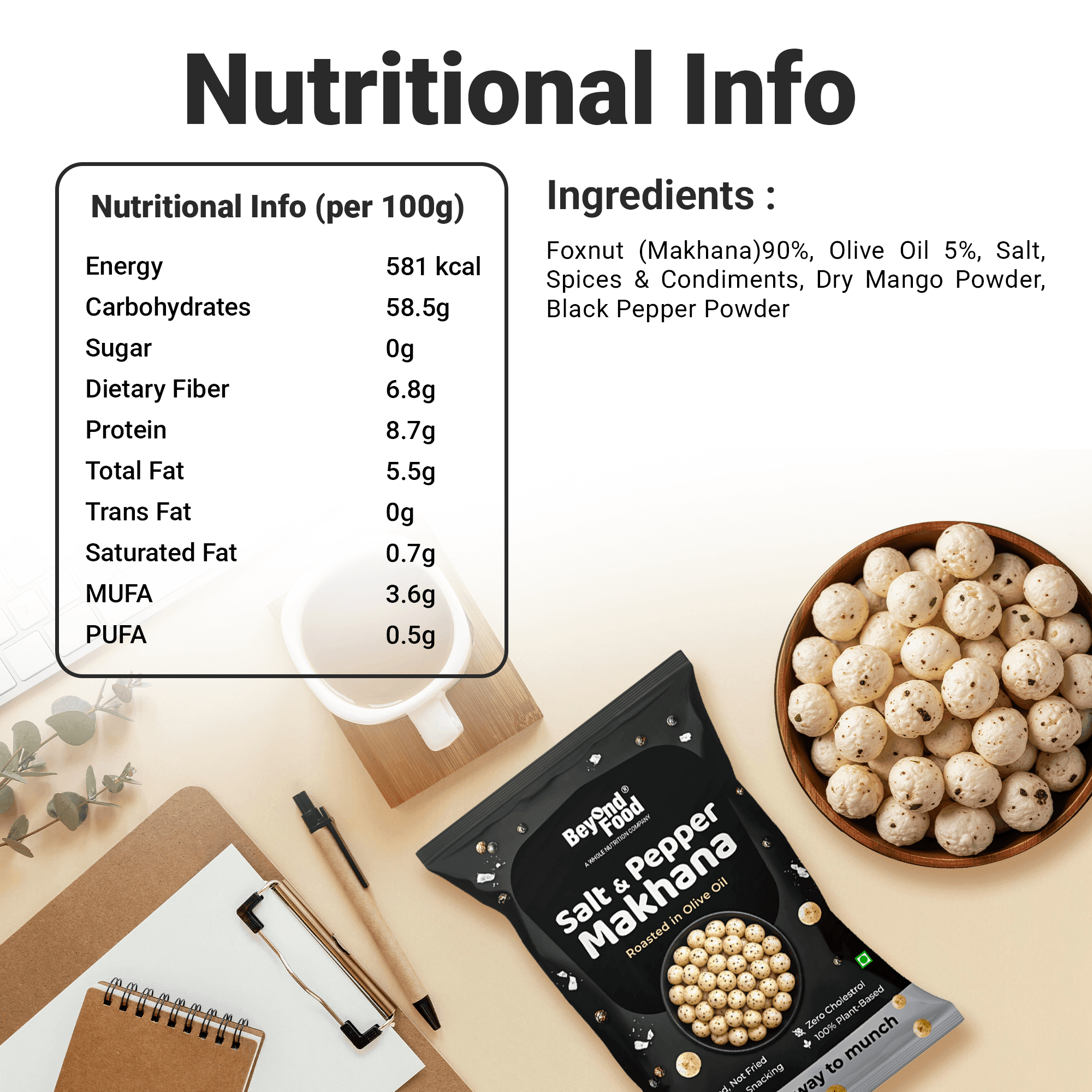 Nutritional information and ingredients list of Beyond Food Salt & Pepper Makhana, displayed beside the product pack and a bowl of roasted makhana on a beige background