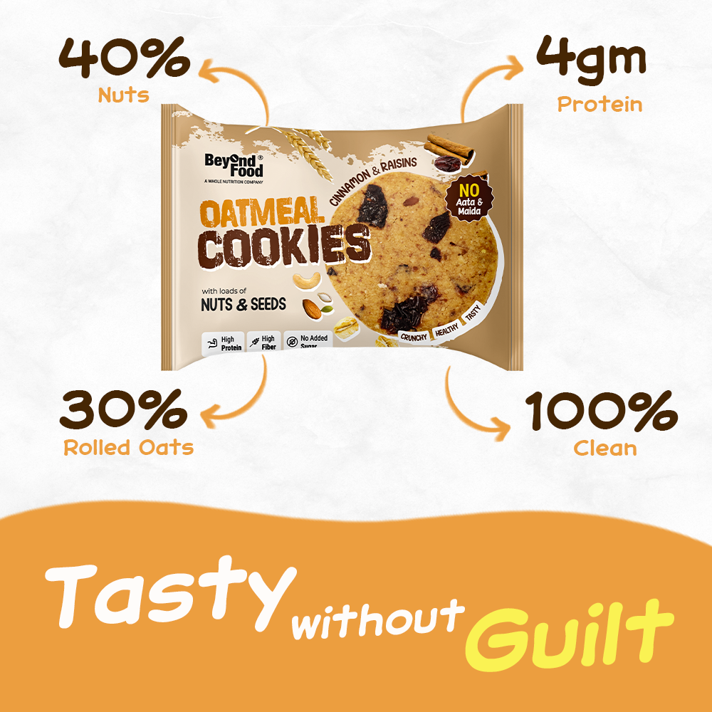 “Beyond Food Oatmeal Cookies – 40% nuts, 30% rolled oats, 4g protein per serving, 100% clean ingredients, tasty without guilt.”
