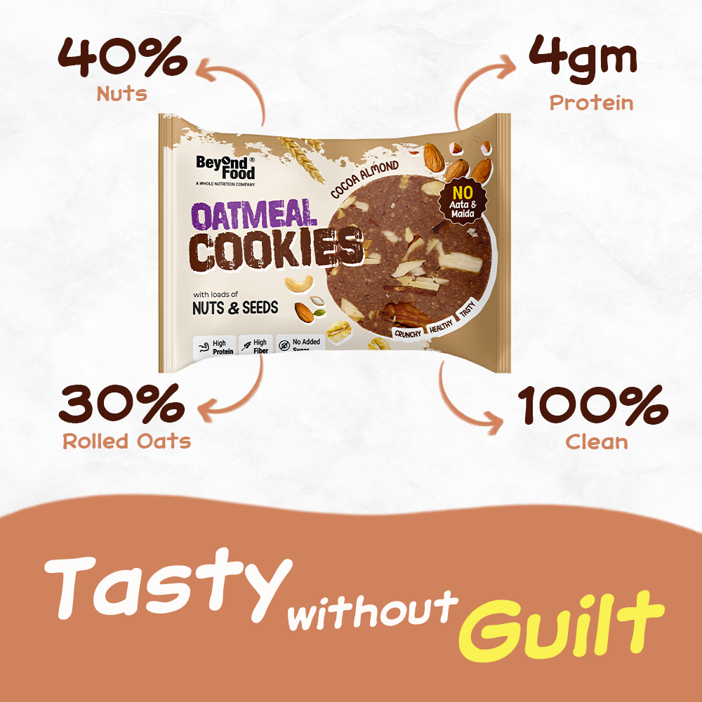 Package of oatmeal cookies with nutritional information and promotional text.