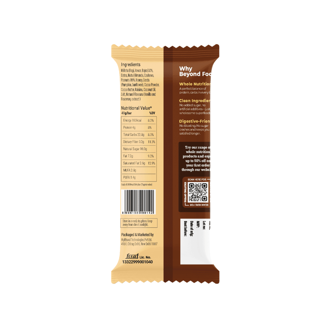 Back of Pack – “Beyond Food Millet Bar back-of-pack showing nutritional information, ingredients list, and QR code for more details.”