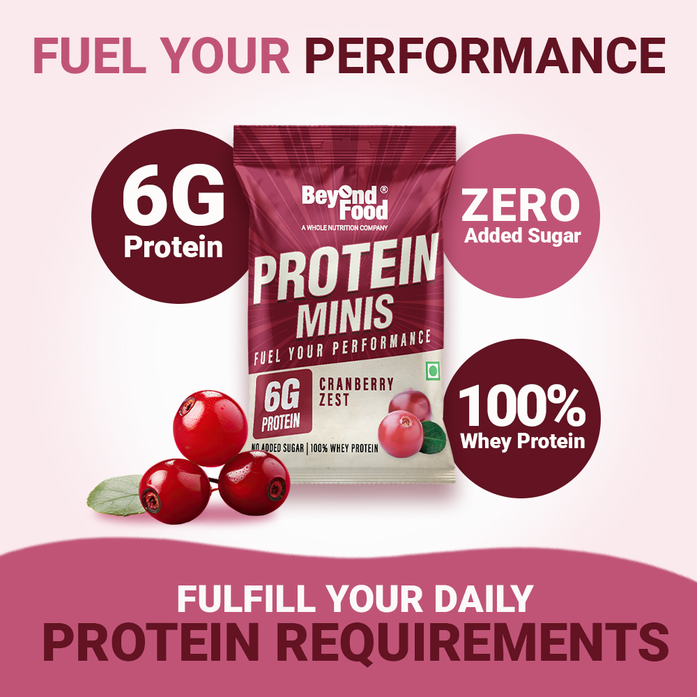 Beyond Food Protein Minis cranberry zest flavor pouch with text highlighting 6g protein, zero added sugar, 100% whey protein, and tagline ‘Fuel Your Performance’ on a pink background.”