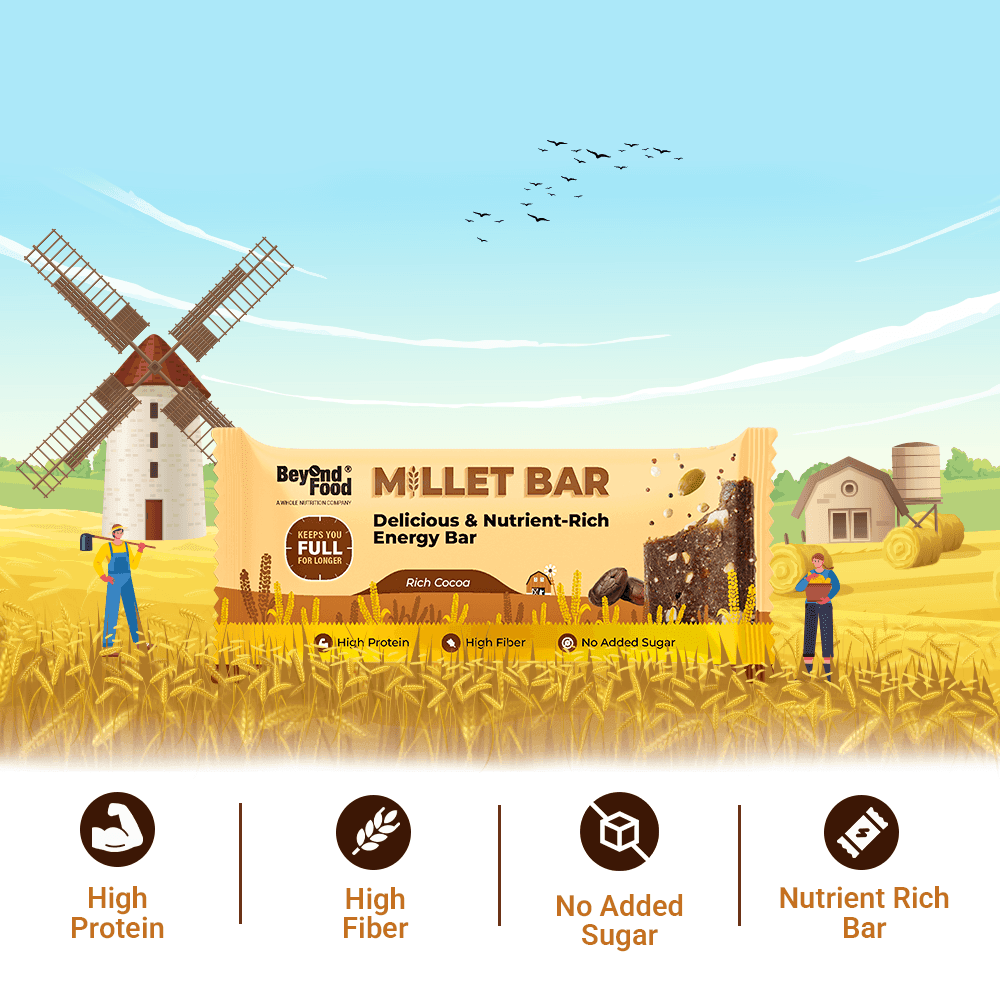 Farm Illustration Background – “Beyond Food Millet Bar displayed with farm and windmill illustration, highlighting natural ingredients and wholesome nutrition benefits.”
