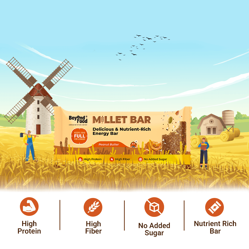“Beyond Food Millet Bar – high protein, high fiber, nutrient-rich energy bar with no added sugar.”
